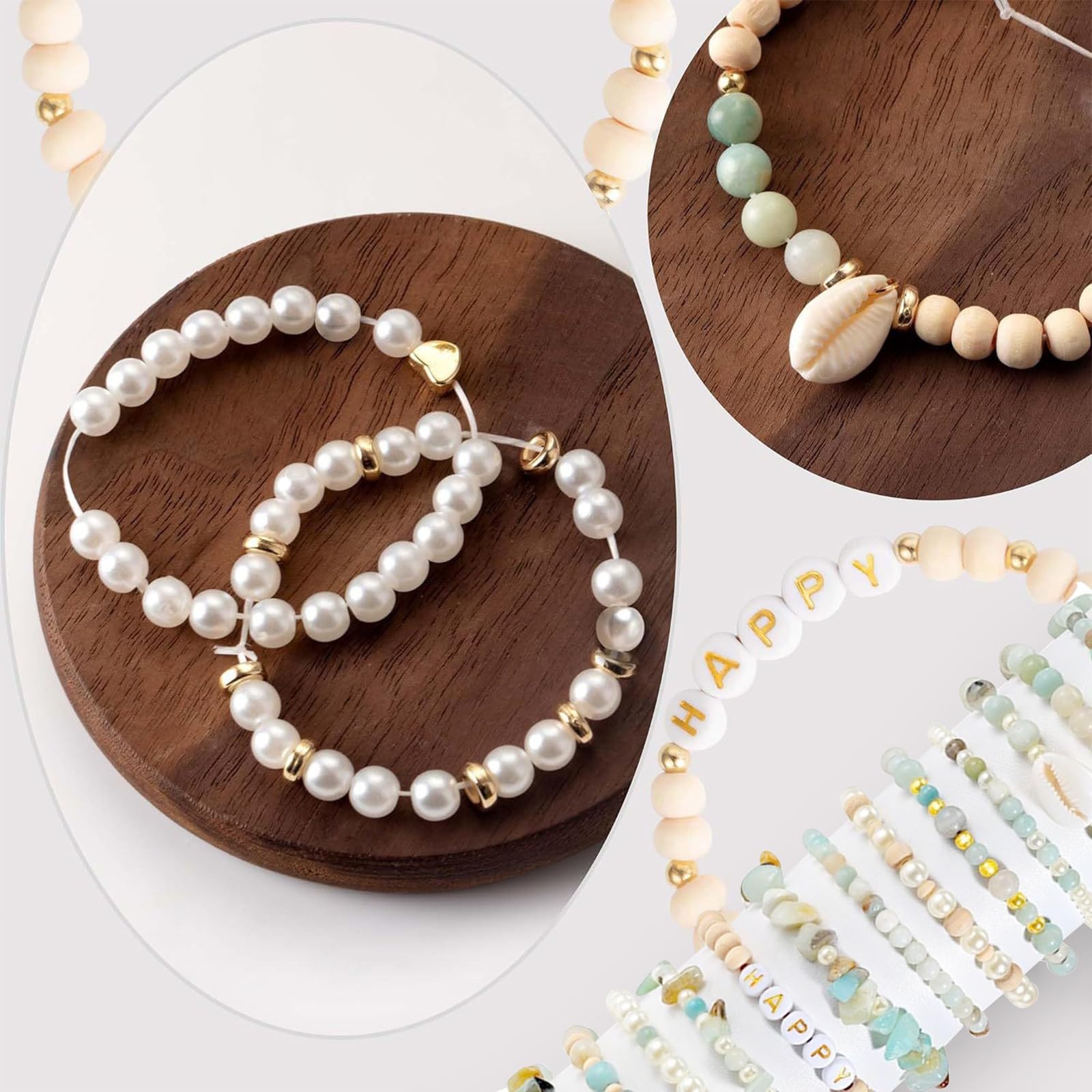 Kit de fabricación de pulseras de cuentas de cristal de piedra natural para hacer joyas, suministros con cuentas de letras, cuentas de madera, cuentas blancas, cuentas doradas para manualidades