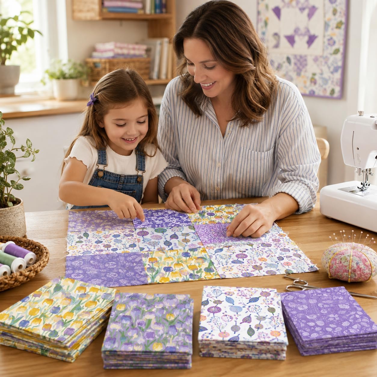 DMFR Vintage Floral Fabric Squares 10 x 10 Inch, 42 Pcs Cotton Layer Cake Fabric for Quilting, Purple Yellow Precut Quilt Squares, 14 Assorted Prints for Sewing, Patchwork, DIY Crafts