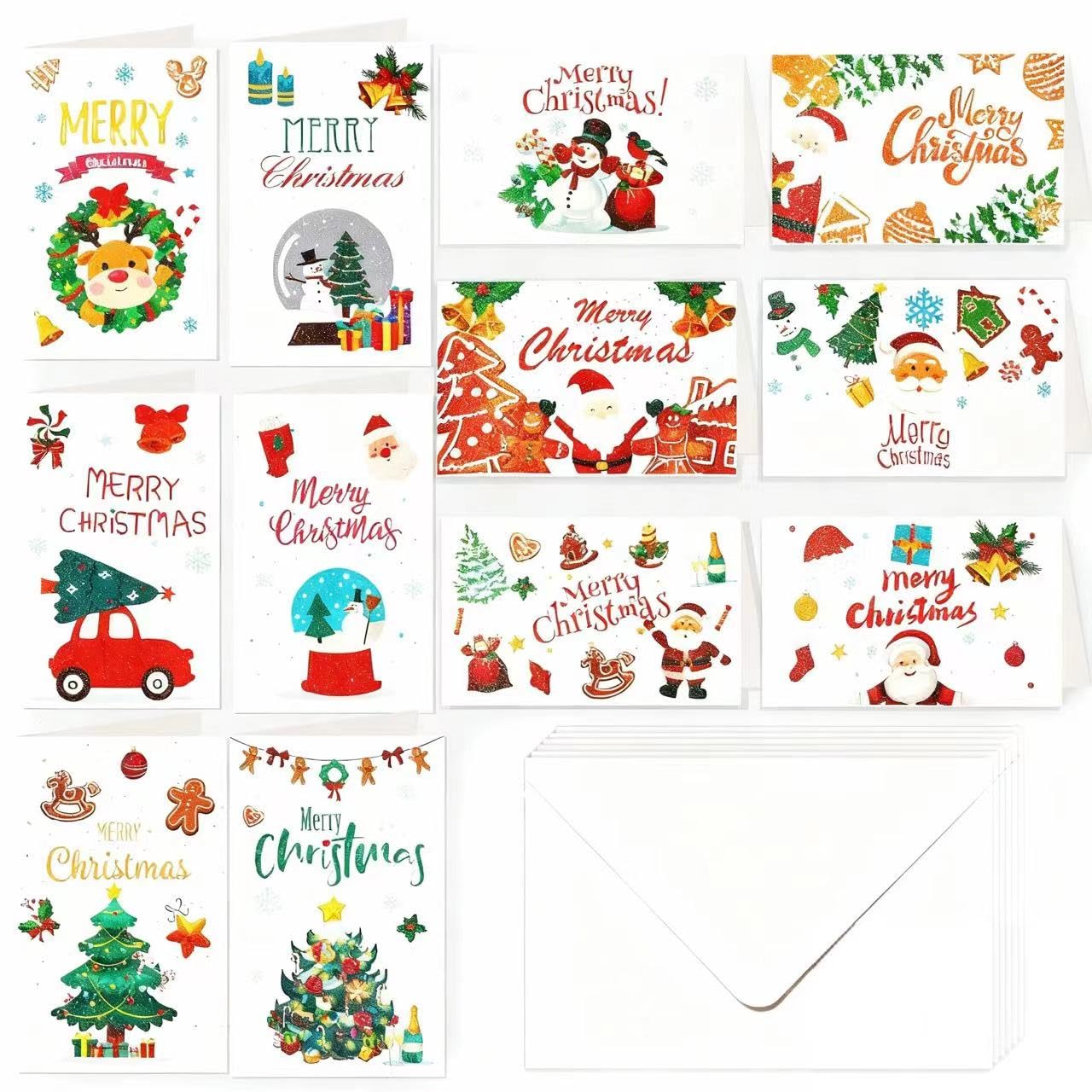 Tarjetas de felicitación de Navidad, paquete de 24 tarjetas de regalo de Navidad hechas a mano con sobres y calcomanías, 12 diseños para Navidad familiares y saludos de vacaciones
