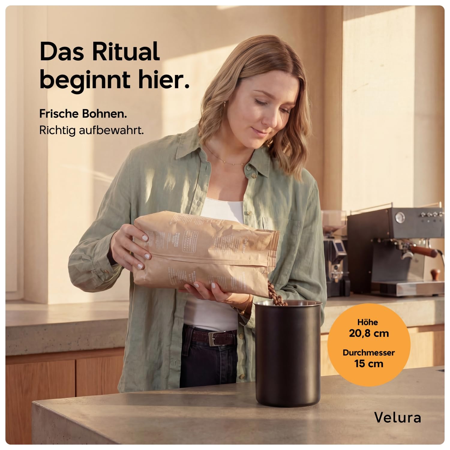 Velura Kaffeedose luftdicht 1kg – Edelstahl mit Holzdeckel, matt schwarz | 3000ml für Kaffeebohnen | Plastikfrei | LFGB-zertifiziert | Entwickelt in Österreich | Maße: 15cm Ø × 20,8cm H
