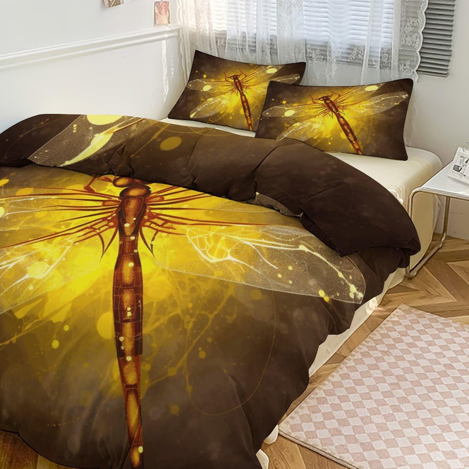 Couette pour grand lit épaisse parure de lit 3 pièces au design libellule jaune