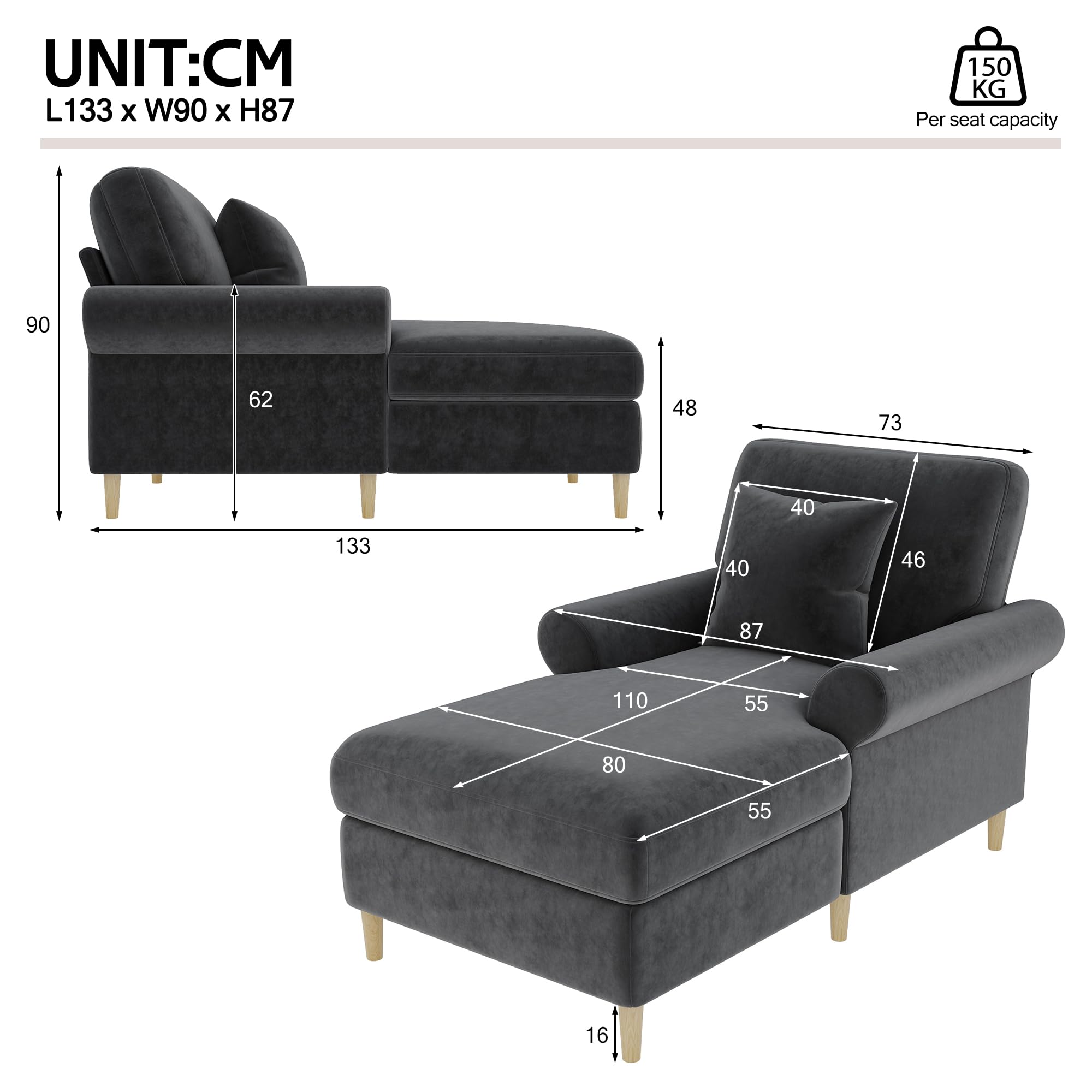 Zepneiy - Sofá de 1 plazas con acolchado y chaise longue plegable cómodo, puf para salón y dormitorio, terciopelo gris