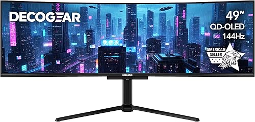Deco Gear Monitor ultraancho QD-OLED curvo de 49 pulgadas  5120x1440  144Hz  HDR400 True Black  0.03ms  FreeSync Premium  100% sRGB  HDMI 2.1  90W