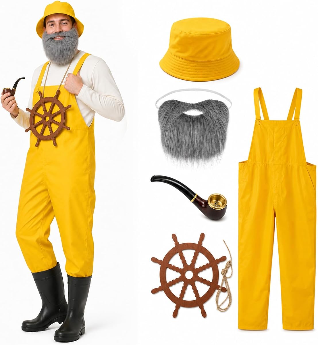 Yellow Overalls Fisherman Costume Halloween Waterproof PVC Bib Sailing Hat Beard Smoke Pipe Steering Wheel Props Funny Outfit