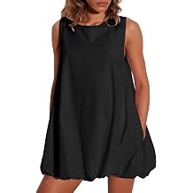 LTSCNRM Summer Bubble Dresses for Women Casual Sleeveless Tank Mini Dress Keyhole Tie Back Beach Sundress with Pockets