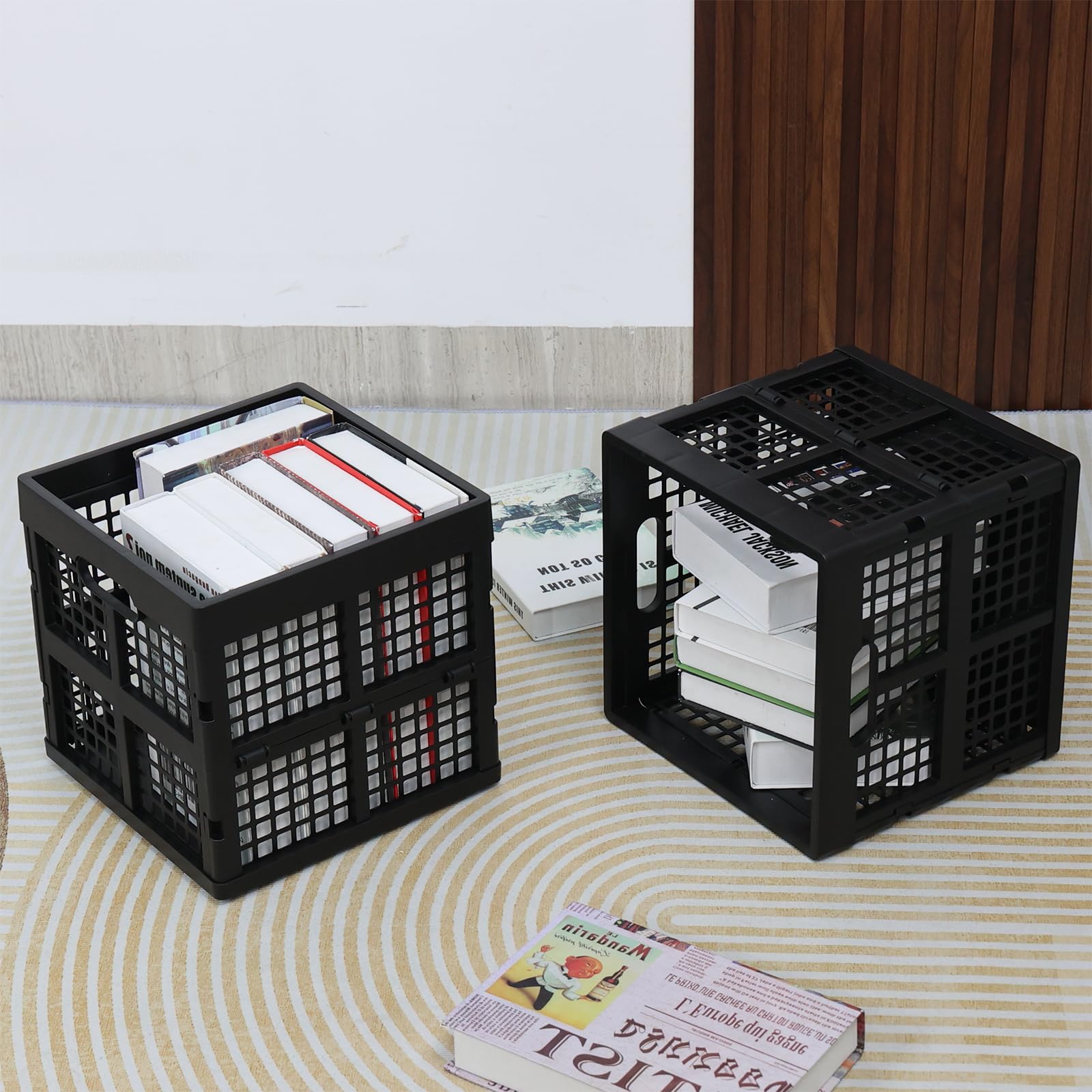 Caja de leche de plástico apilable negra, cajas plegables de plástico de 18 L, paquete de 3