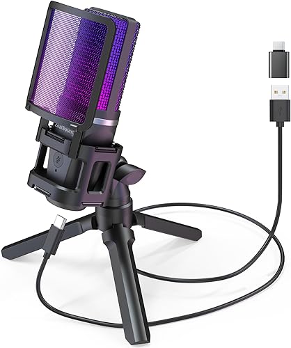 ZealSound Micrófono USB para juegos para PC, micrófono de computadora de condensador RGB con soporte para trípode, silencio rápido, control de