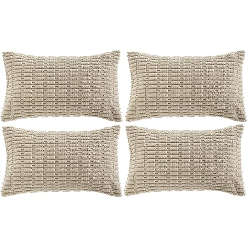 Fancy Homi 4 Packs Taupe Decorative Throw Pillow Covers 12x20 Inch for Living Room Couch Bed, Rustic Modern Farmhouse Boho Home Decor, Soft Plush Corduroy Cute Square Accent Cushion Case 30x50 cm