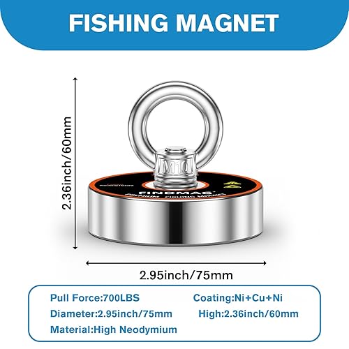 Miniatura 64 de FINDMAG Imán de pesca súper fuerte, fuerza de tracción de 1000 libras, imán de neodimio de tierras raras con ojal de agujero avellanado, imanes