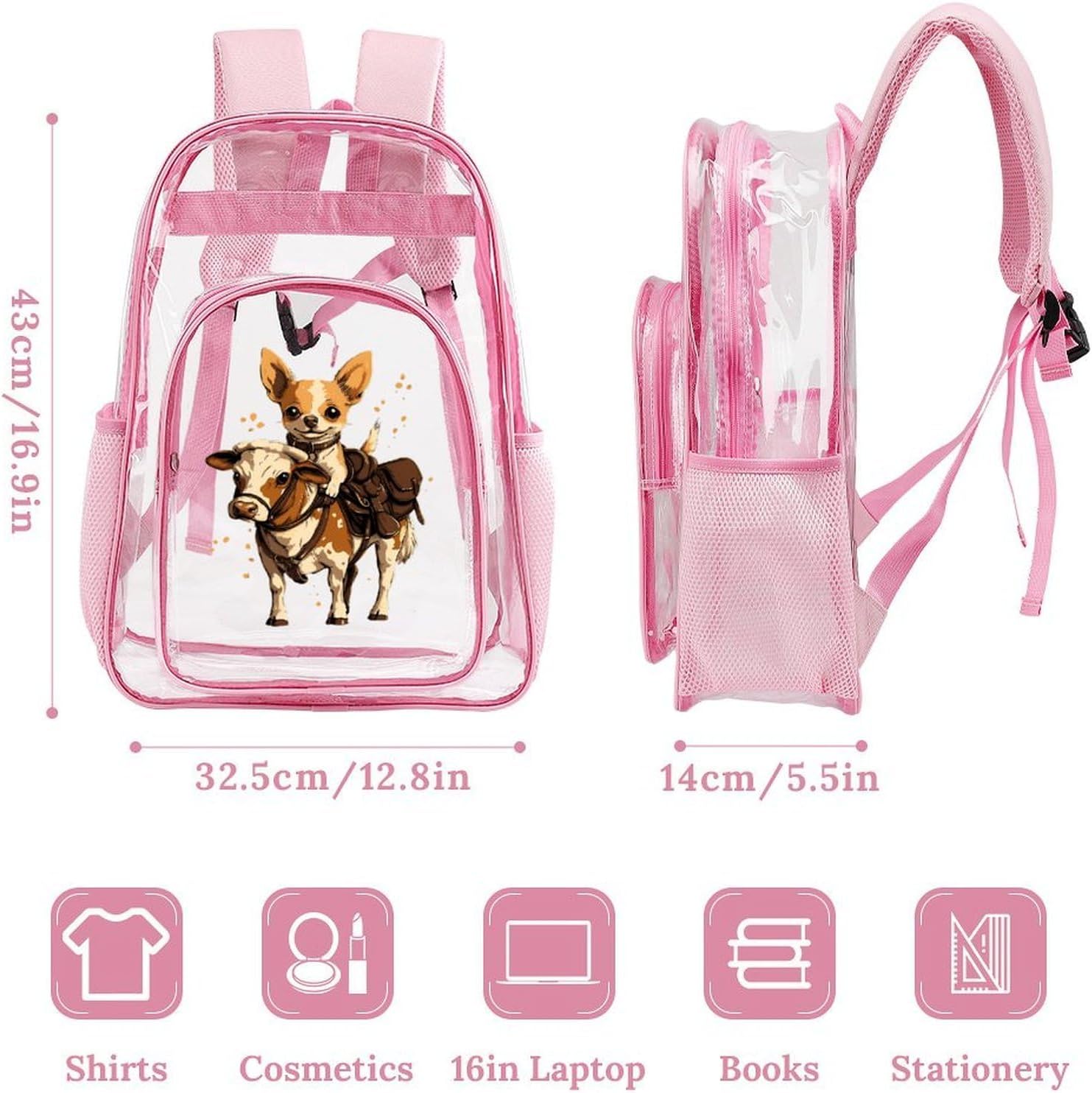 Chihuahua Dog Herding Cattle Clear Backpack with Front Pocket See Through Shoulder Bag