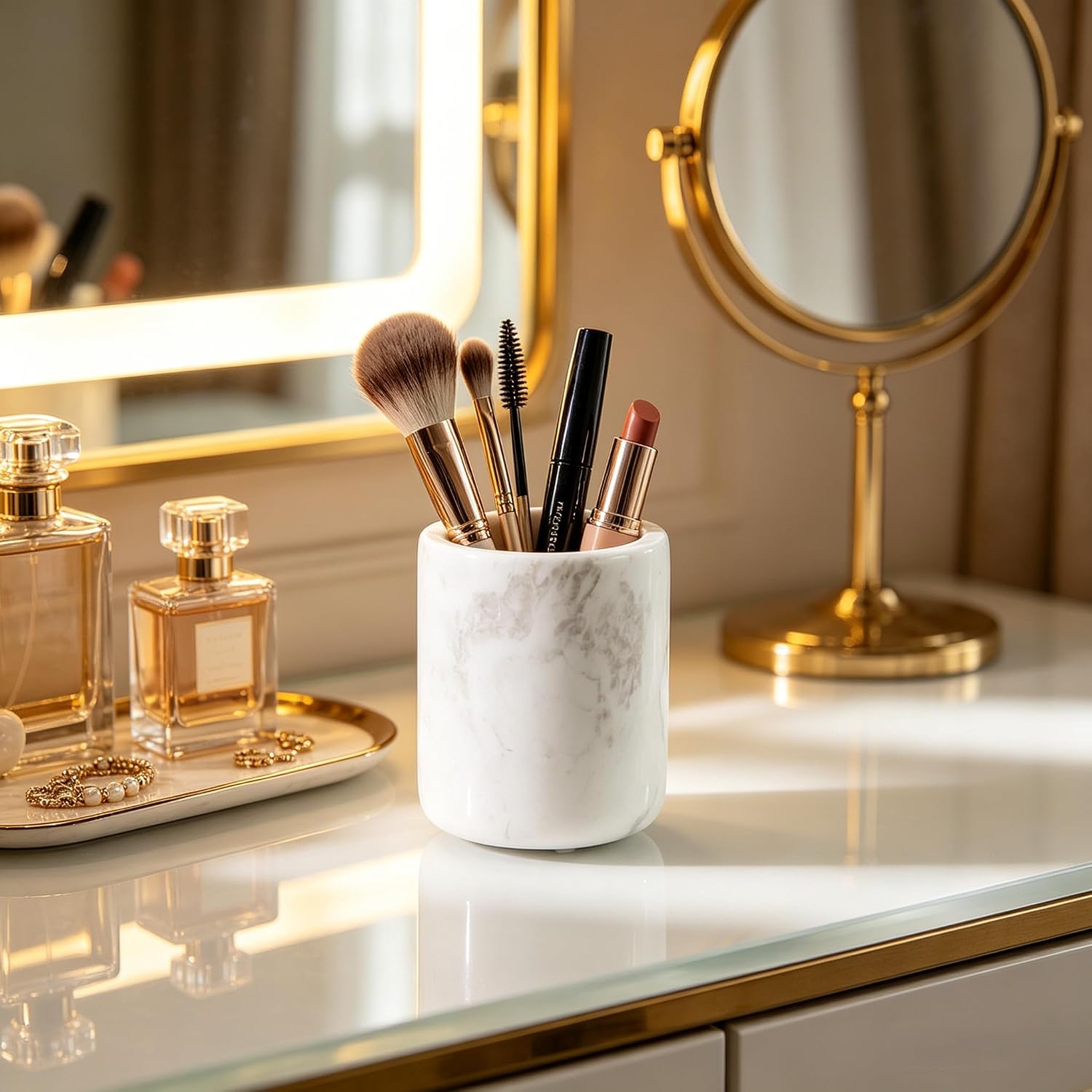 White Marble Toothbrush Holder for Bathroom, Natural Organic White Marble Toothbrush Cup, Mordern Style Texture Razor Holder, Razor Organizer for Dressing Table, Countertop, Hotel image 3