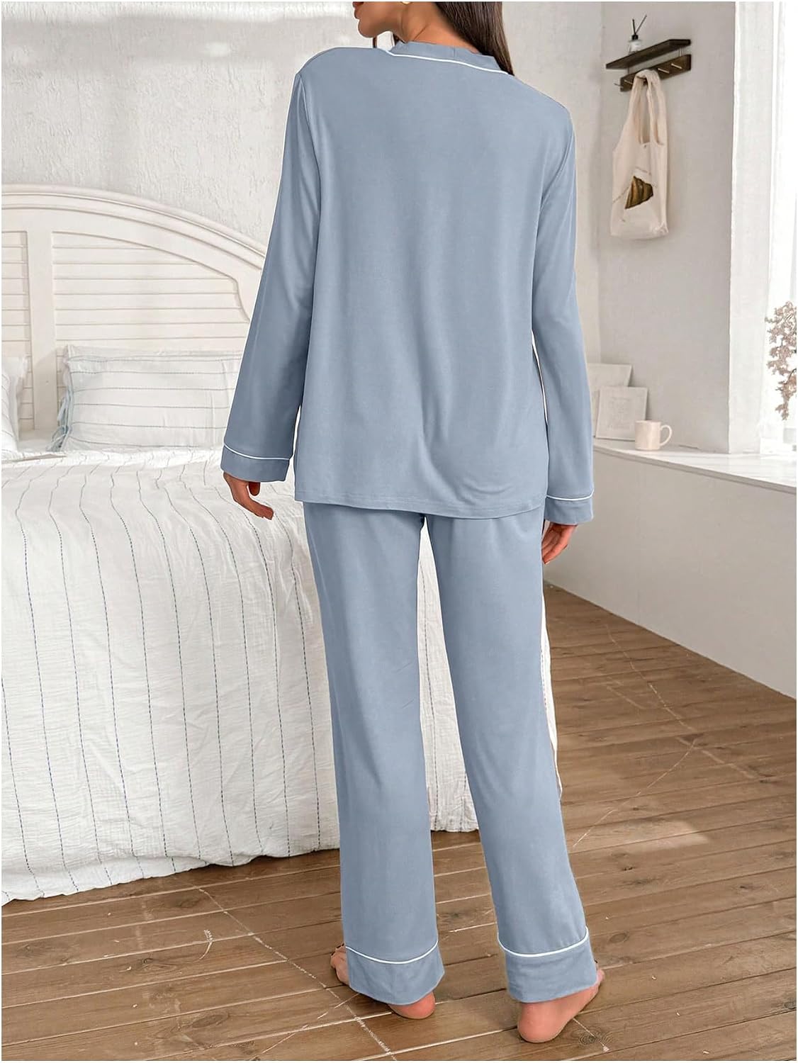 MakeMeChic Women's Maternity Pajama Set Button Down Shirt Pants Loungewear