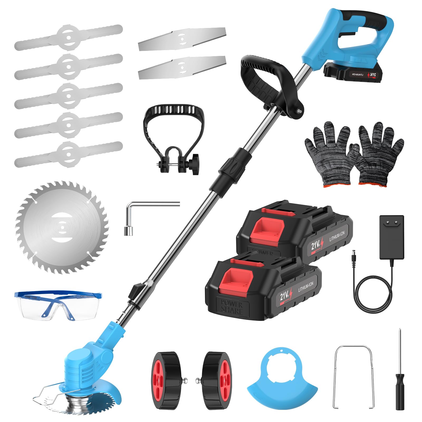 Desbrozadora 3 en 1, 21 V, con batería, cortabordes de césped, recortadora de bordes con batería, con cargador, desbrozadora sin hilo, 7800 rpm, mango telescópico como cortador de bordes (2 baterías)