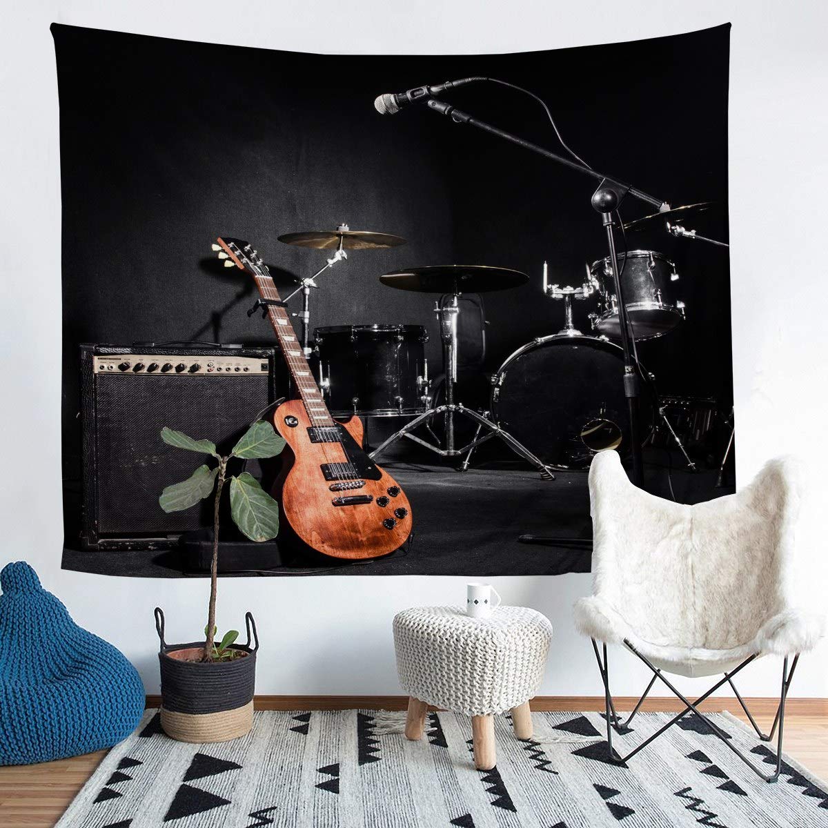 Loussiesd Teens Guitar Tapestry Rock Music Themed Wall Blanket For Kids Adults Musical Pattern Wall Hanging Drum Kit Instruments Bedding Throw Blanket Bedroom Decor XLarge 69x91
