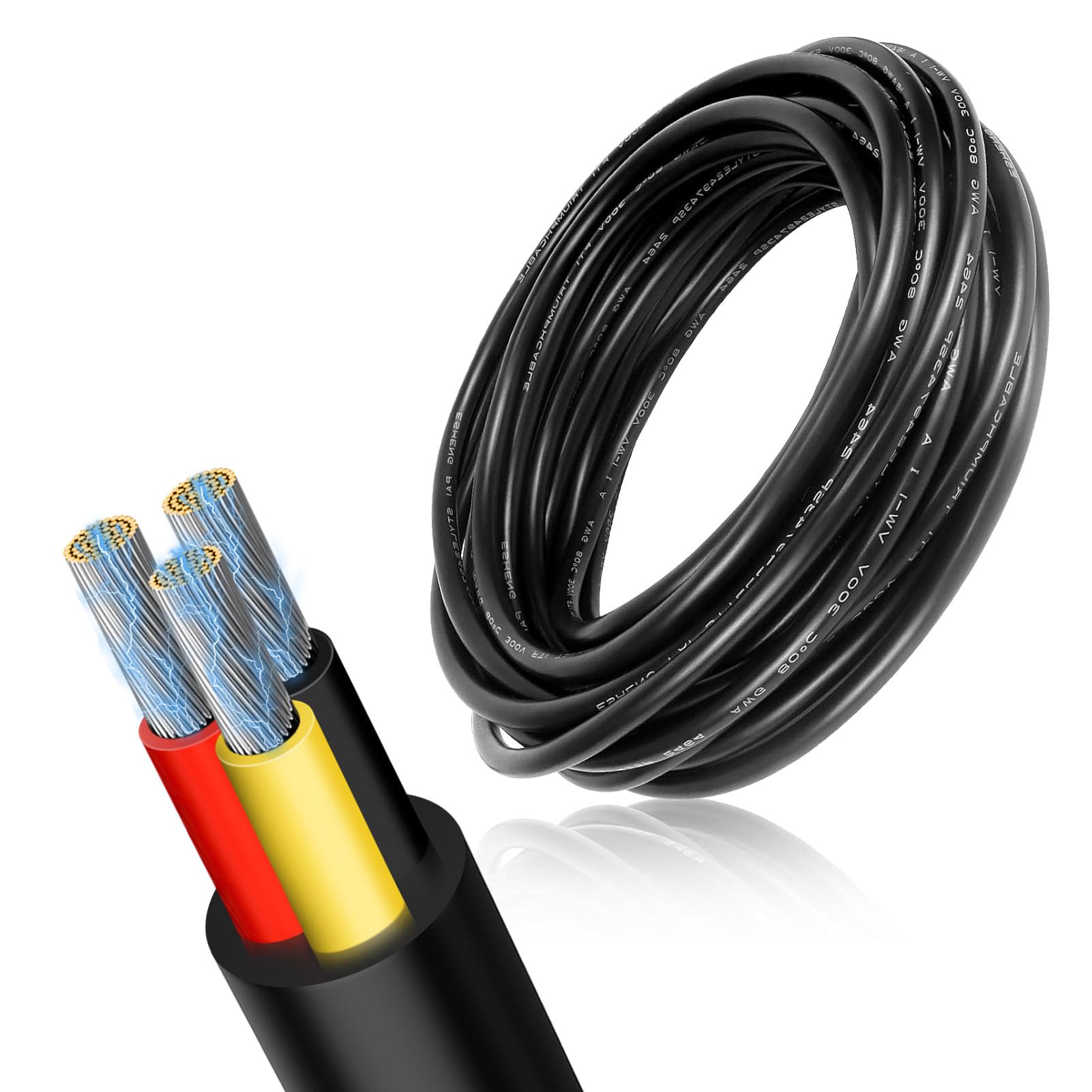 15 metros 16 AWG 3 x 1,5 mm² Cable eléctrico de 3 núcleos, cable flexible de cobre estañado, multihilo, resistencia a altas temperaturas, cable de alimentación para CC 5 V/12 V/24 V, LED, cable de