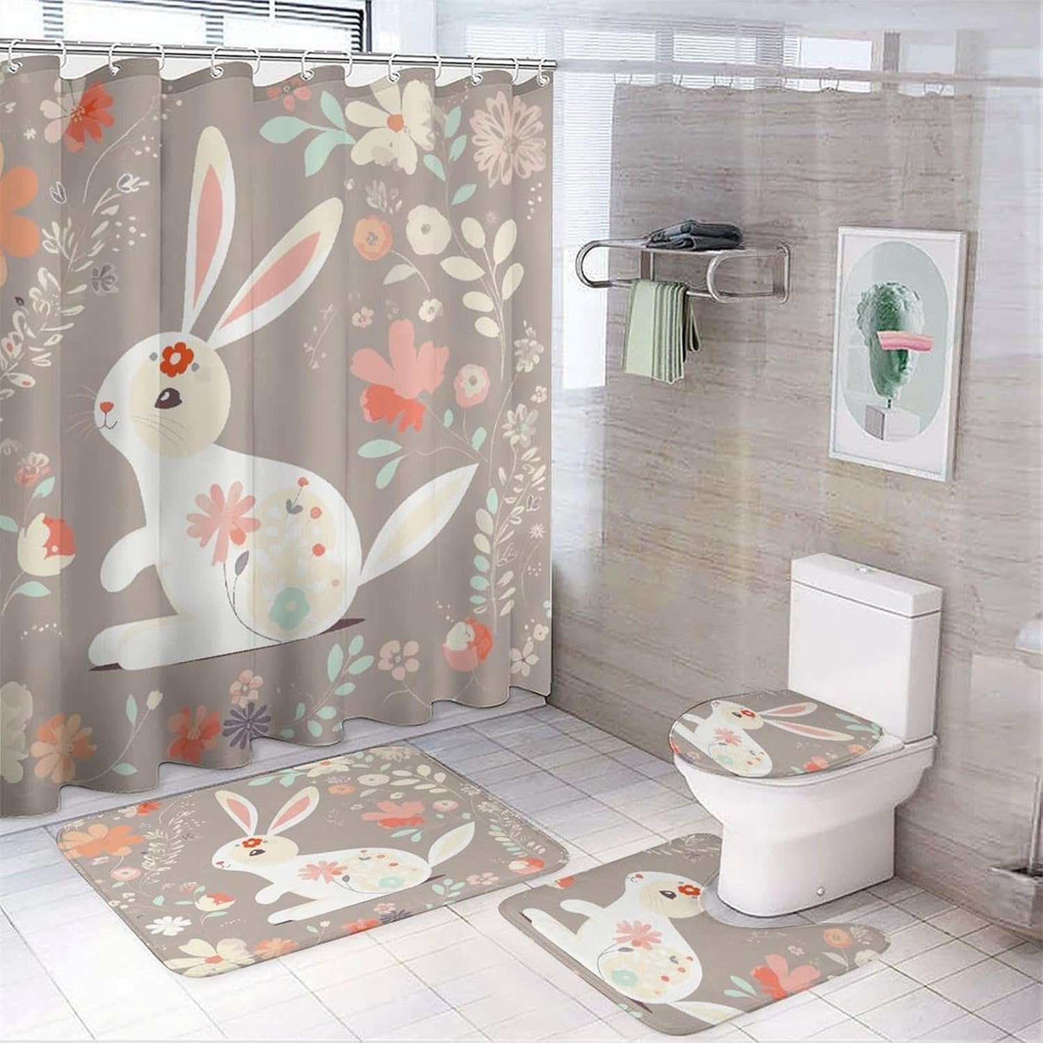 Easter Bunny Floral 4Pcs Shower Curtain Set with Non-Slip Rugs, Toilet Lid Cover and Bath Mat,Bathroom Set Decor Accessories,Curtain Set with 12 Hooks, 72 X 72 Inch