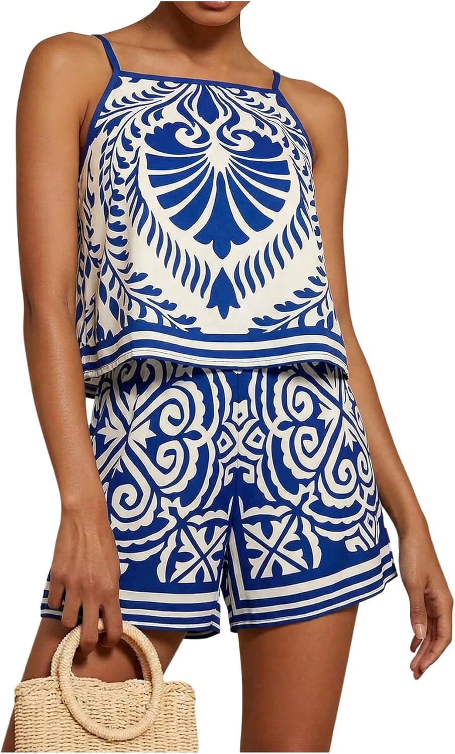MakeMeChic Women's Boho 2 Piece Sets Summer Vacation Tropical Tank Top Shorts Beach Outfits
