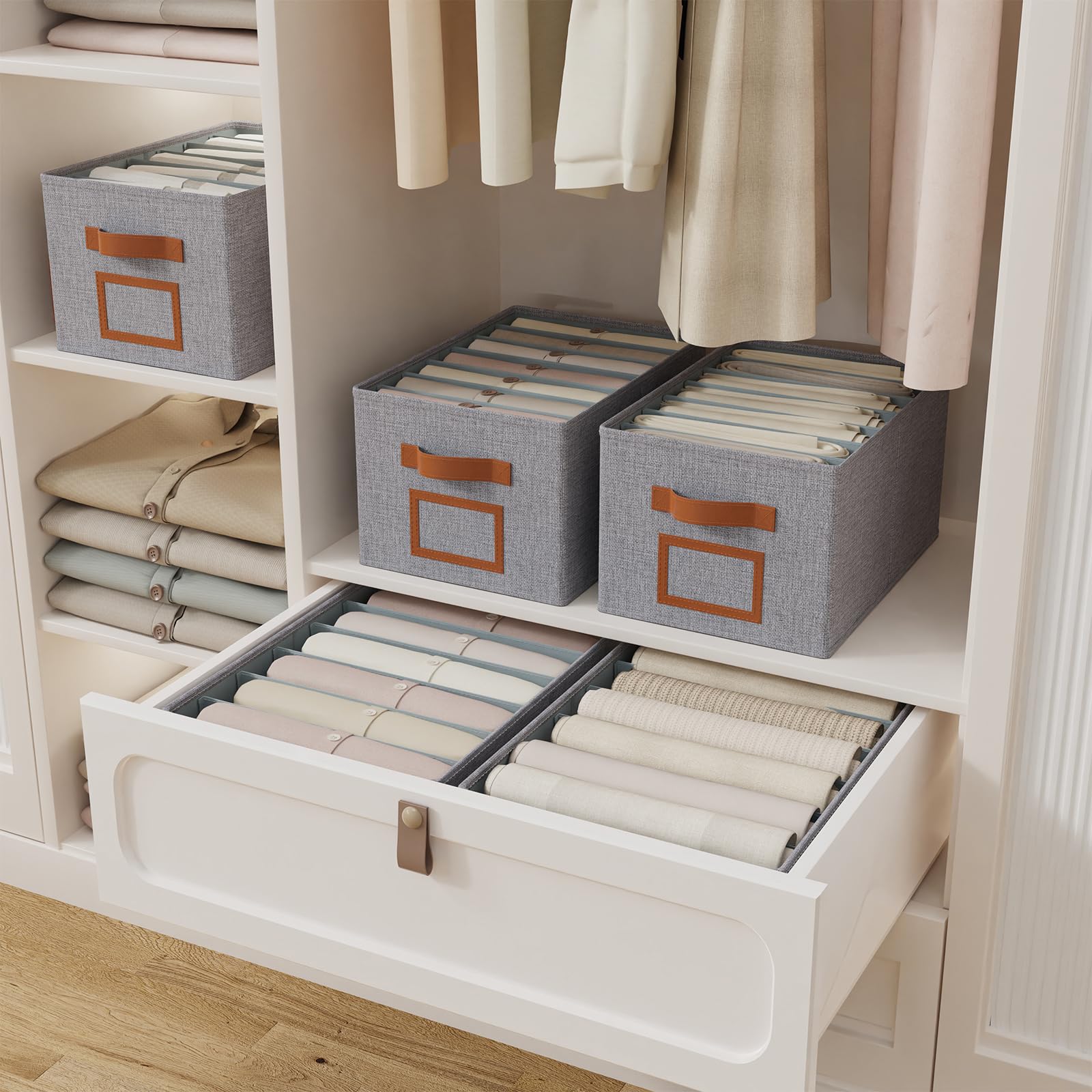 OUTBROS 3 Piezas Cajas Almacenamiento Plegables para Ropa, Cubos Armario 7 Rejillas, Organizador Cajones Gris