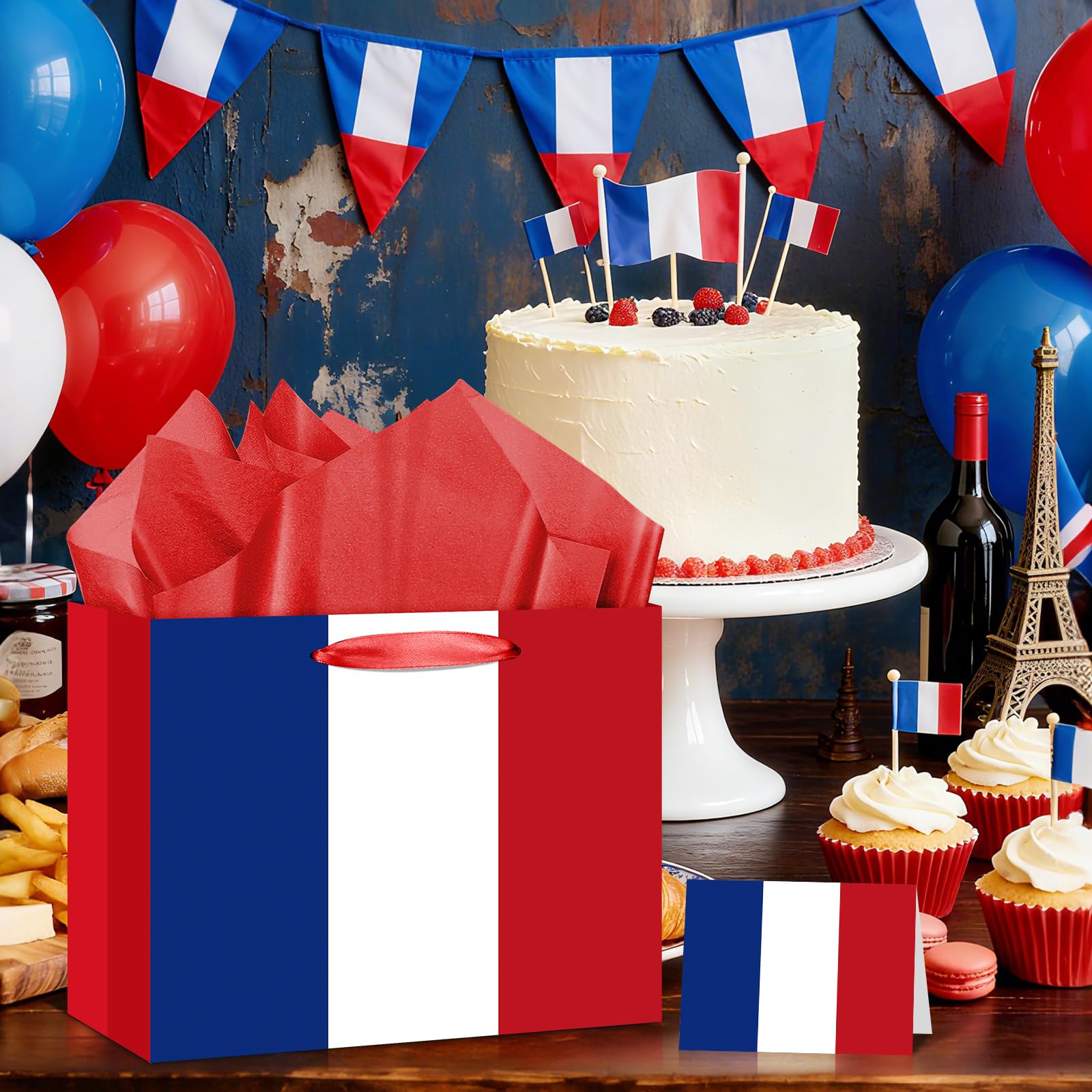 Neptniopllab France Gift Bag with Card & Wrapping Papers,French Flag Bag,French Theme Party Decorations Gift Bag for Bastille Day,National Day of France,Birthday,Souvenirs Goodie Treat Bag