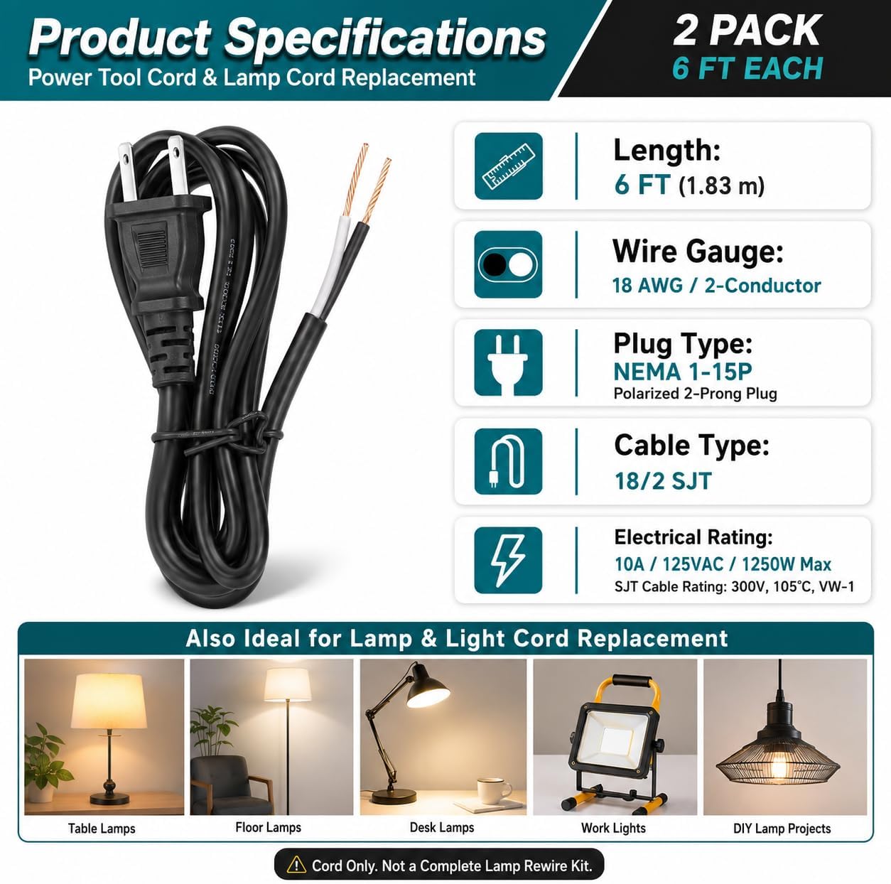 2 Pack 6FT 18AWG 2 Prong Power Cord, Power Tool Replacement Cord image 3