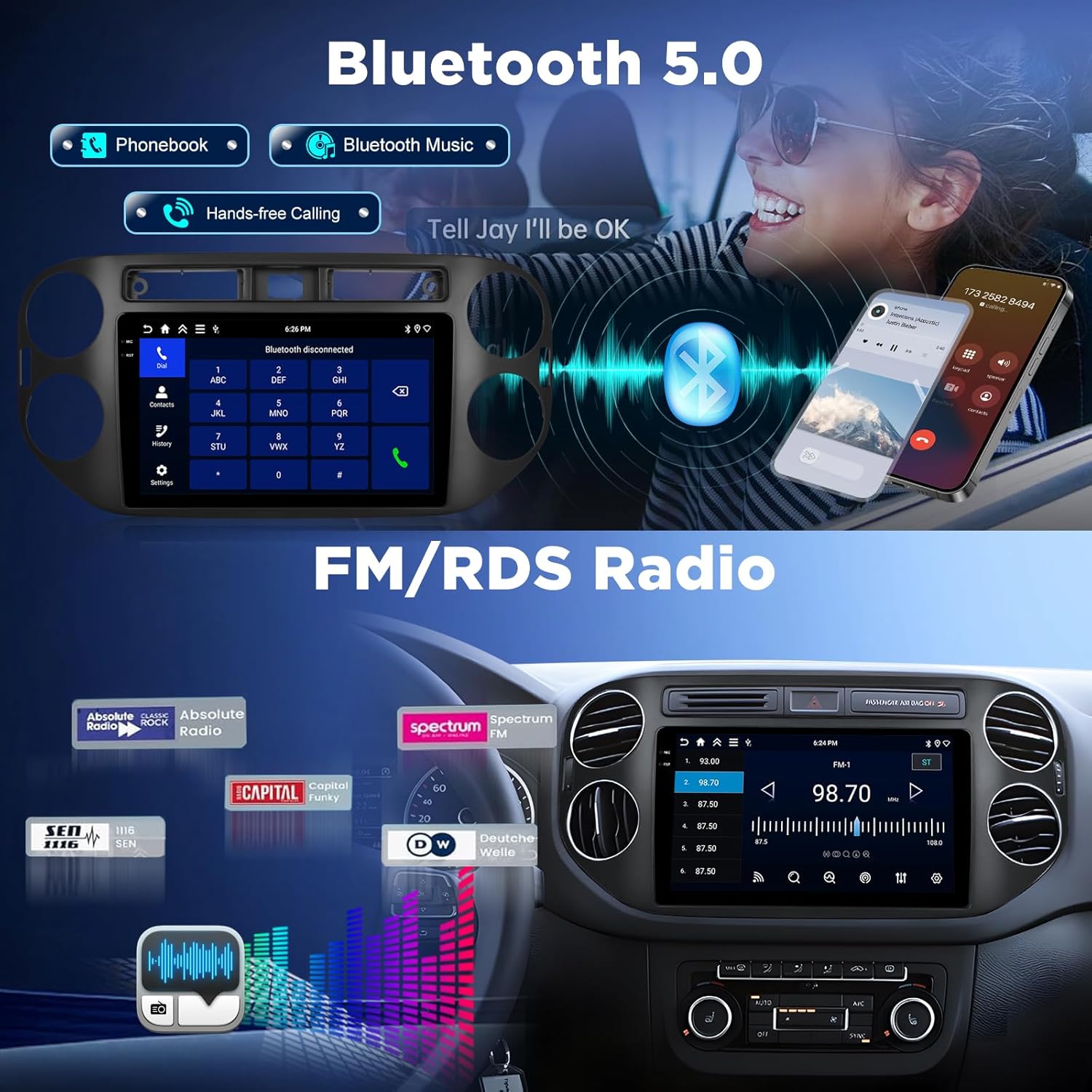 [4+128G] Android Radio for VW Tiguan 2006-2016: NHOPEEW 9 inch Incell Touchscreen VW Tiguan Radio - Wireless Carplay & Android Auto, 5G/WiFi, GPS, EQ, BT 5.0, Custom Homepage + Backup Camera