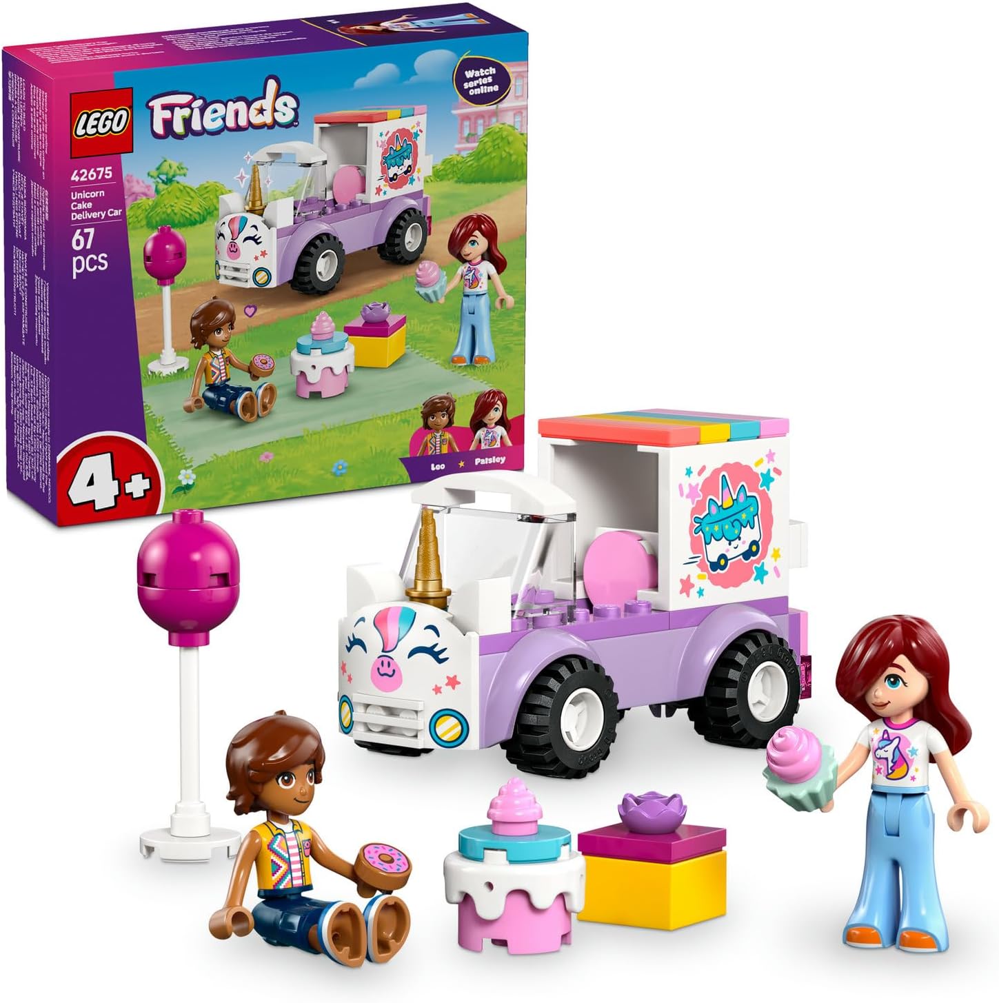 LEGO Friends Tek Boynuzlu At Pasta Dağıtım Arabası 42675 – 4 Yaş ve Üzeri Çocuklar için Paisley ve Leo Mini Bebekleri ile Oyuncak Kek İçeren Yaratıcı Oyuncak Yapım Seti, Hediye Fikri (67 Parça)