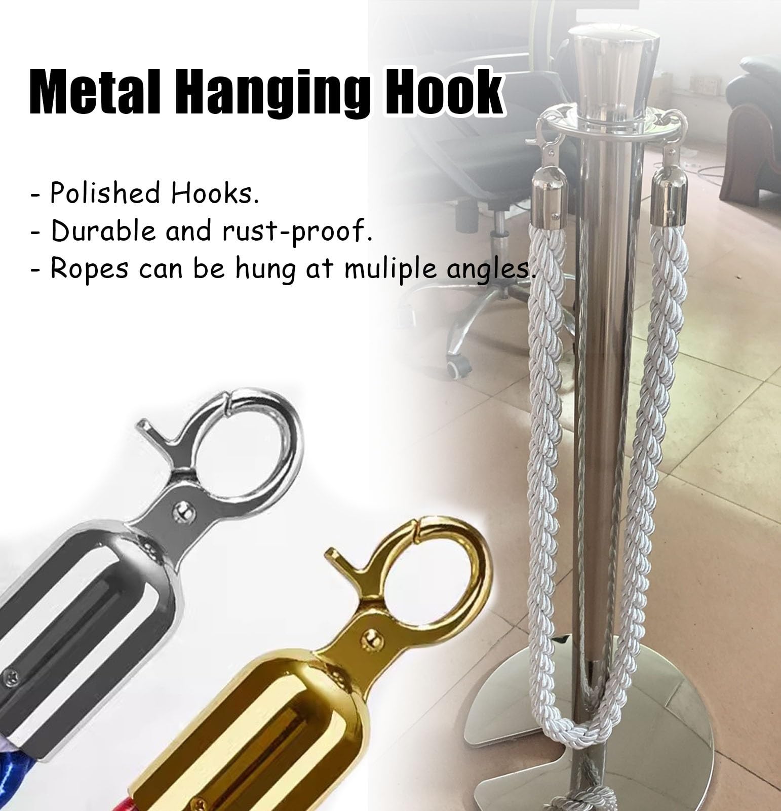 3 postes de cuerda trenzada blanca con mosquetones (0,6-3,05 m) for control de multitudes en eventos y recintos.(Silver Hook,210cm)