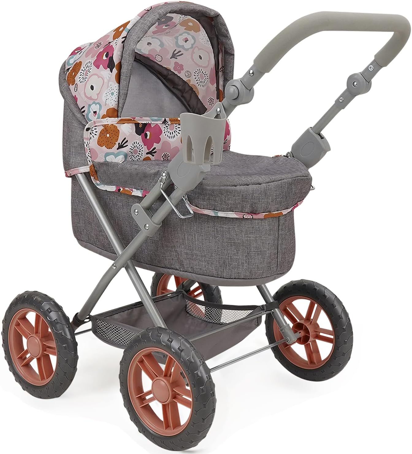 509 Crew: Melange Flora - Amanda Doll Pram - Matching Handbag, Doll Accessory, Adjustable Handle, Removable Bassinet, Foldable Design, Kid Toy, Age 3+