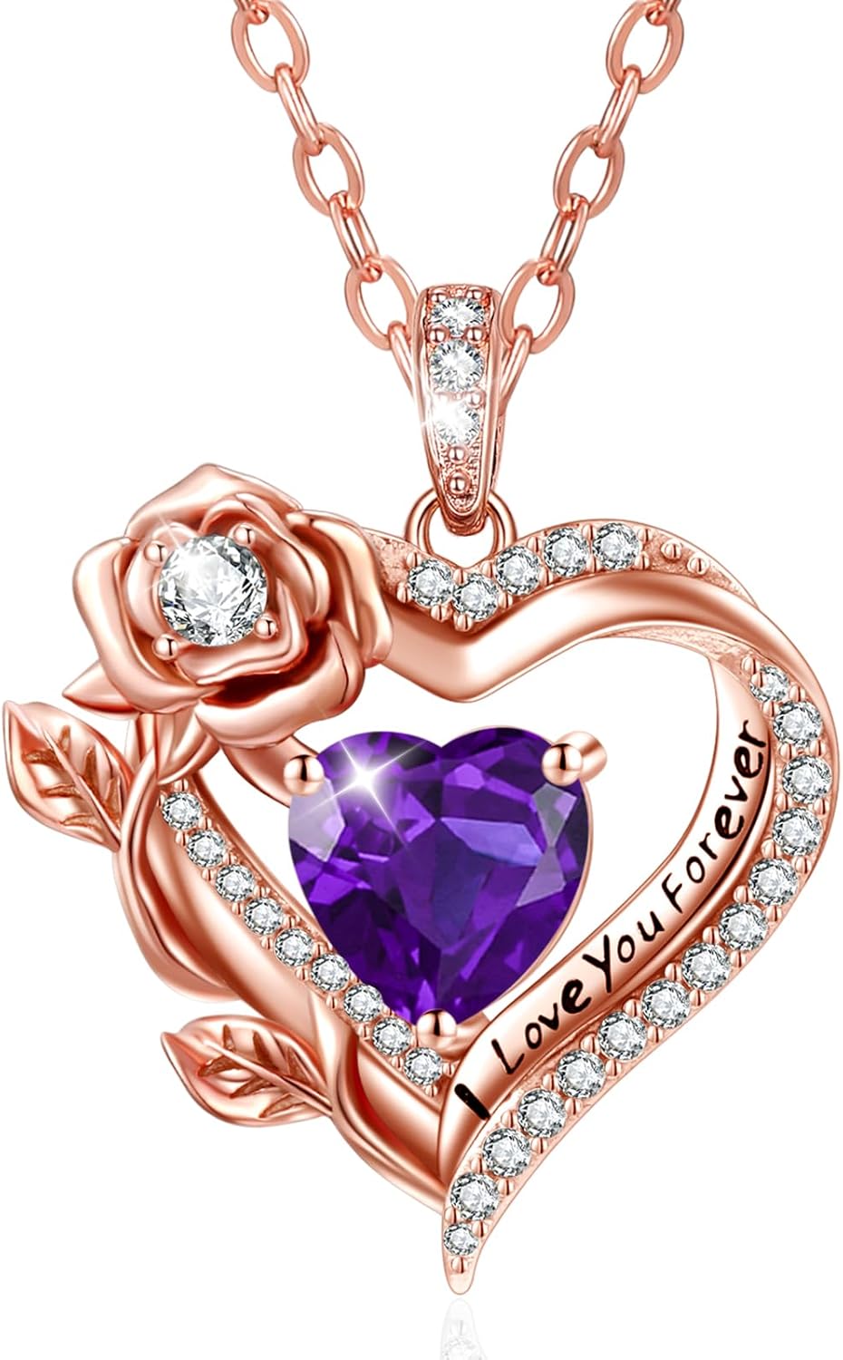 F Rose Gold Heart Birthstone Forever Love Necklace Gifts for Women,I Love You Forever Jewelry with Birthstone Pendant,Valentines Anniversary Birthday Gifts for Her Wife Mom Grandma Daughter
