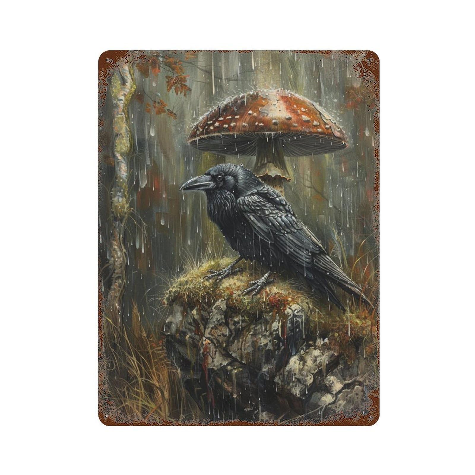Rainy Forest Raven Weathered Tin Sign 15.7"x11.8", Classic Wall Plaque for Garage, Bar And Workshop Decor