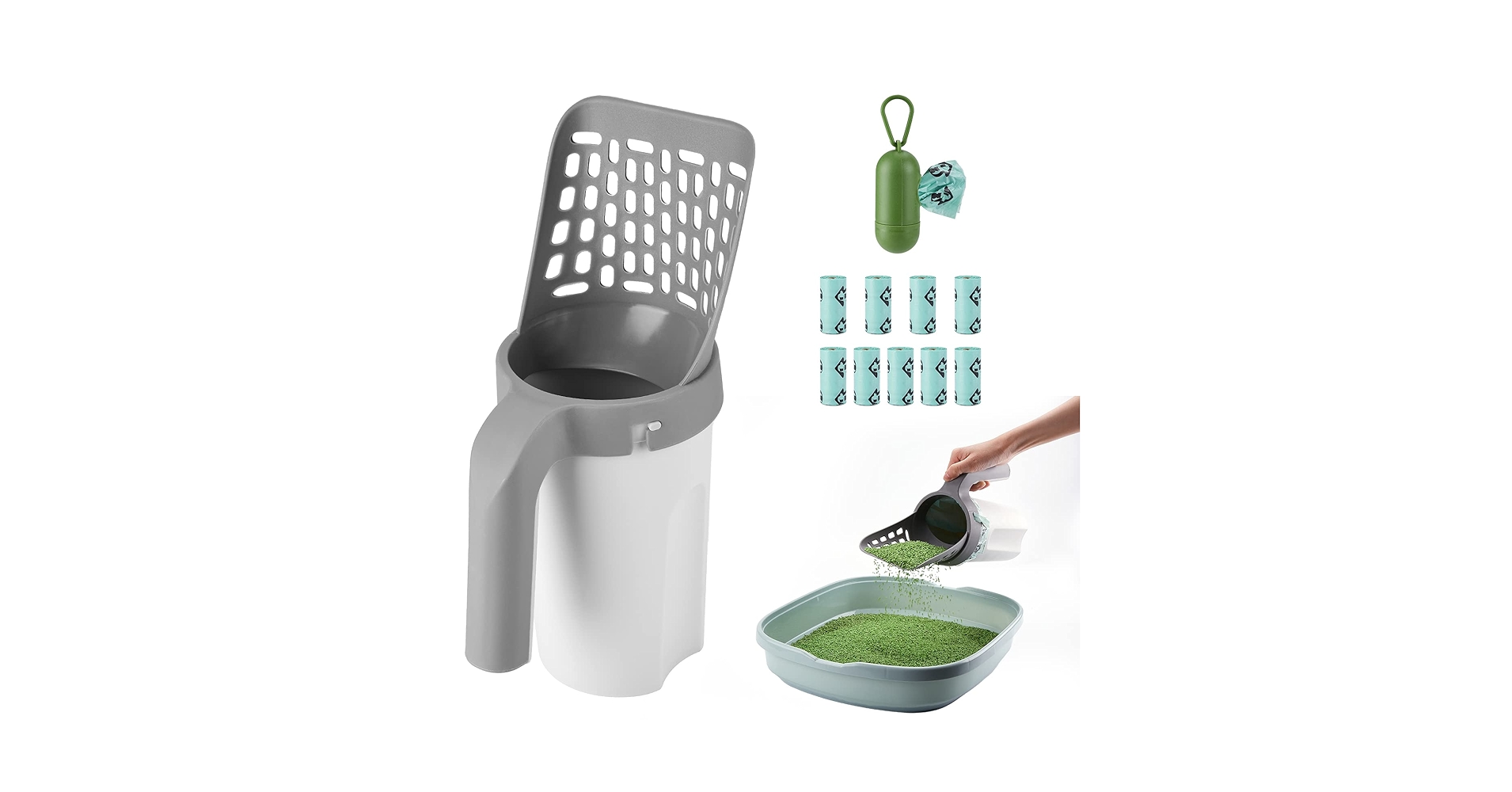 PWEZON Cat Litter Scooper With Bags, Upgraded Cat Litter Shovel With Holder And Waste Can, Cat Scooper With 195 Count Litter Waste Bags, Portable Litter Shovel