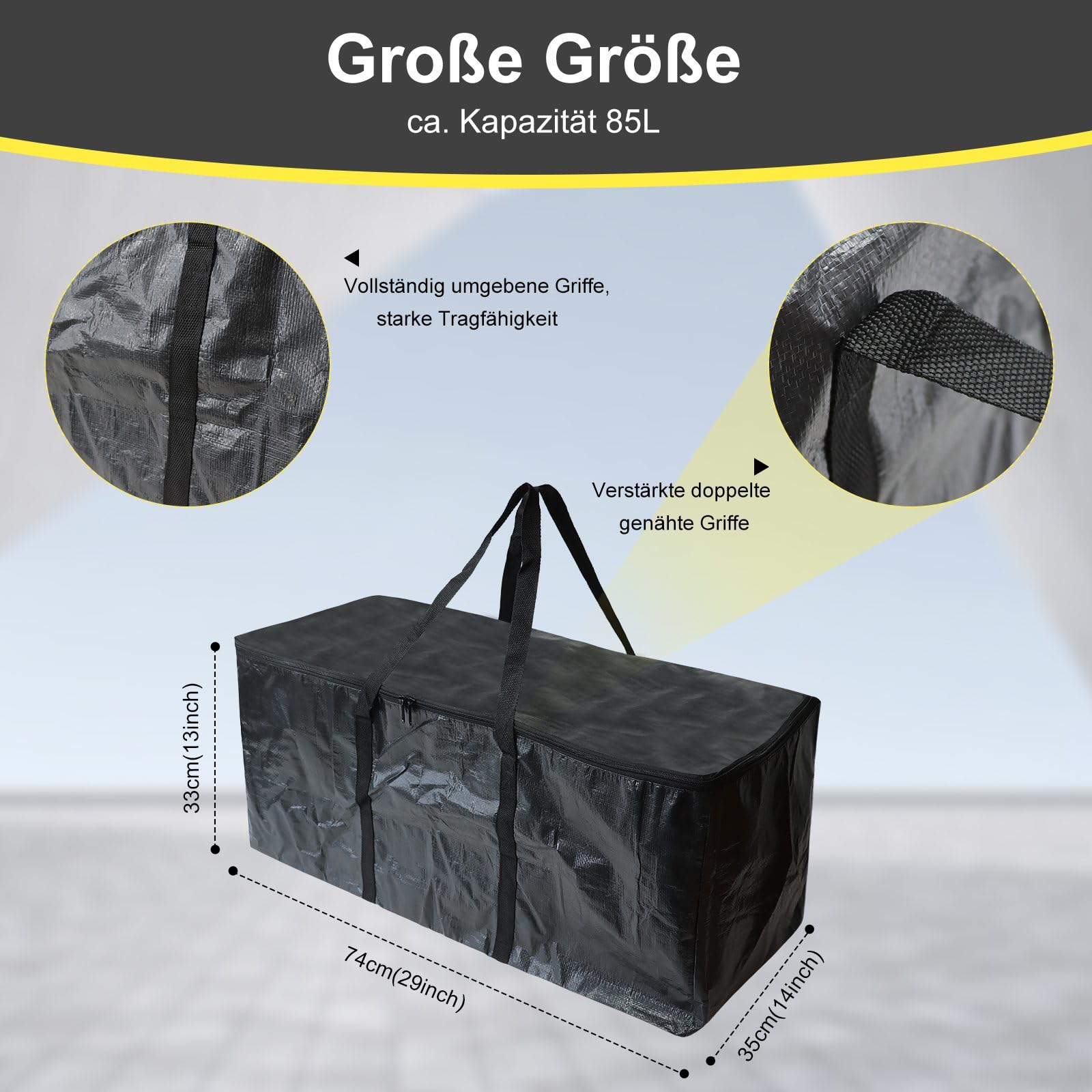 Lot de 6 Grand Sacs Déménagement Vêtements 85L, Imperméable Sac Rangement Résistant avec Fermeture éclair et Poignées Renforcées, Sacs Vêtements Housses Rangement(Noir)