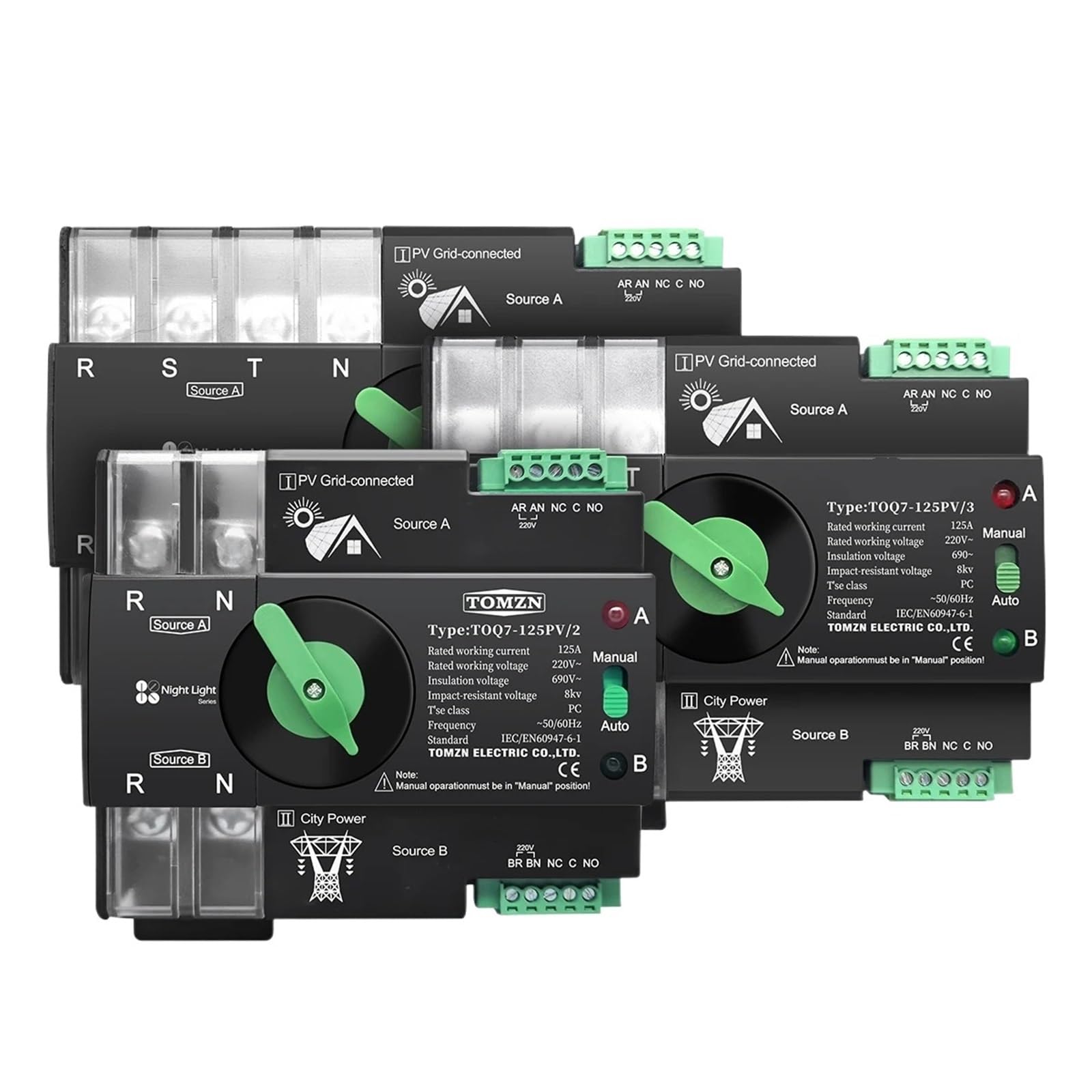 Szyna DIN 3-fazowa do PV 2P3P4P 63A 100A 125A 230V Dual Power, automatyczny transfer elektryczny przełącznik wyboru, nieprzerwany (2P L N 220V-230V, 63A)