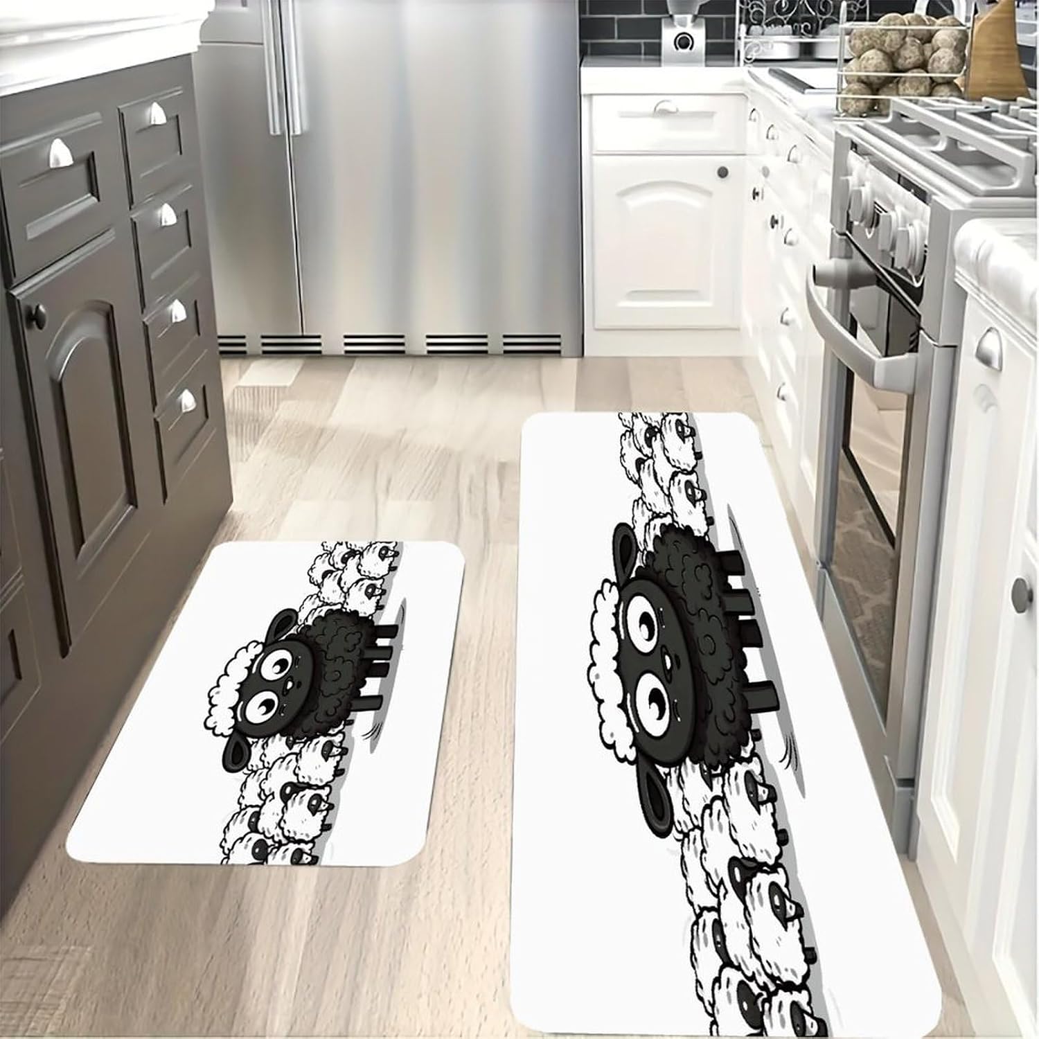 Cartoon Black White Sheep Kitchen Mat Kitchen Rug Set | Kitchen Rugs Flannel Velvety Washable breathable Water Absorbent Soft ，kitchen utensils for Kitchen, Floor,Laundry