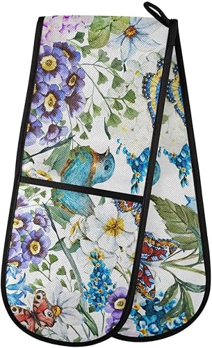 Spring Bird Butterfly Floral - Guantes de cocina dobles resistentes al calor, antideslizantes, extra largos, 7 x 35 pulgadas, para cocinar, hornear,