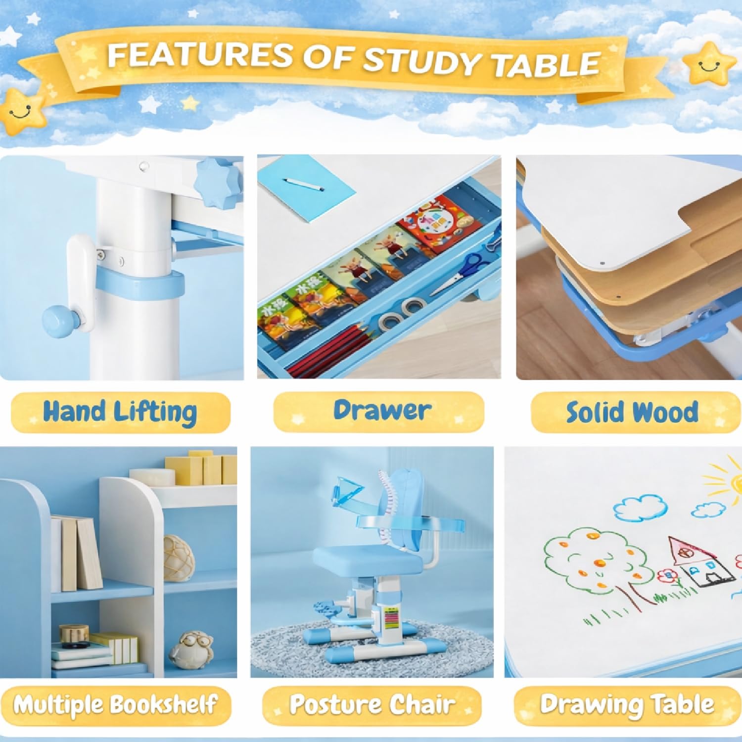 NUCARTURE Kids Study Table with Chair Height Adjustable Computer Table and Chair for Toddlers Children Desk with Storage Cabinet Kindergarten Writing Table (Blue, Adjustable Table with Bookshelf) 1