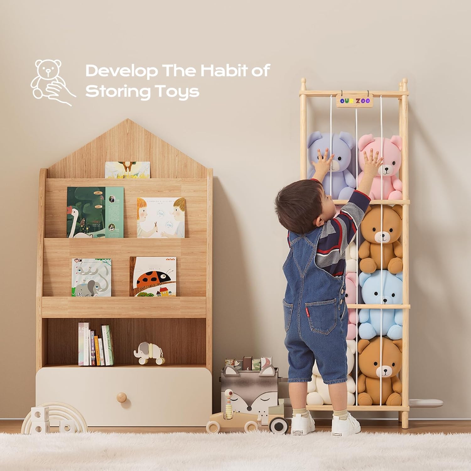 Stuffed Animal Storage & Organizer Wooden Stuffed Animals Zoo with Elastic Cords for Kids, Space-Saving Toy Holder for Toddler Rooms, Bedrooms, Playrooms & Nursery