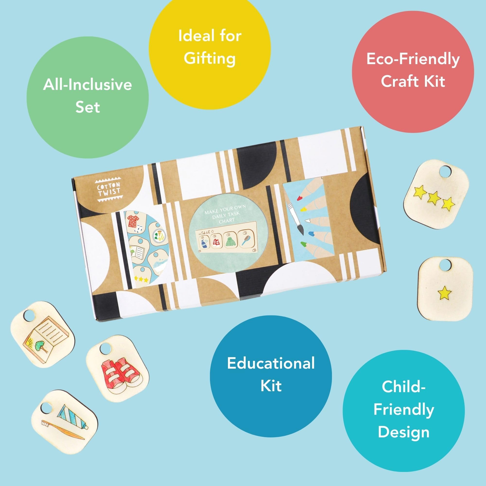 COTTON TWIST Kids Make Your Own Daily Task Chart Play Set, Stand with Tokens and Watercolour Pencils - Image 2