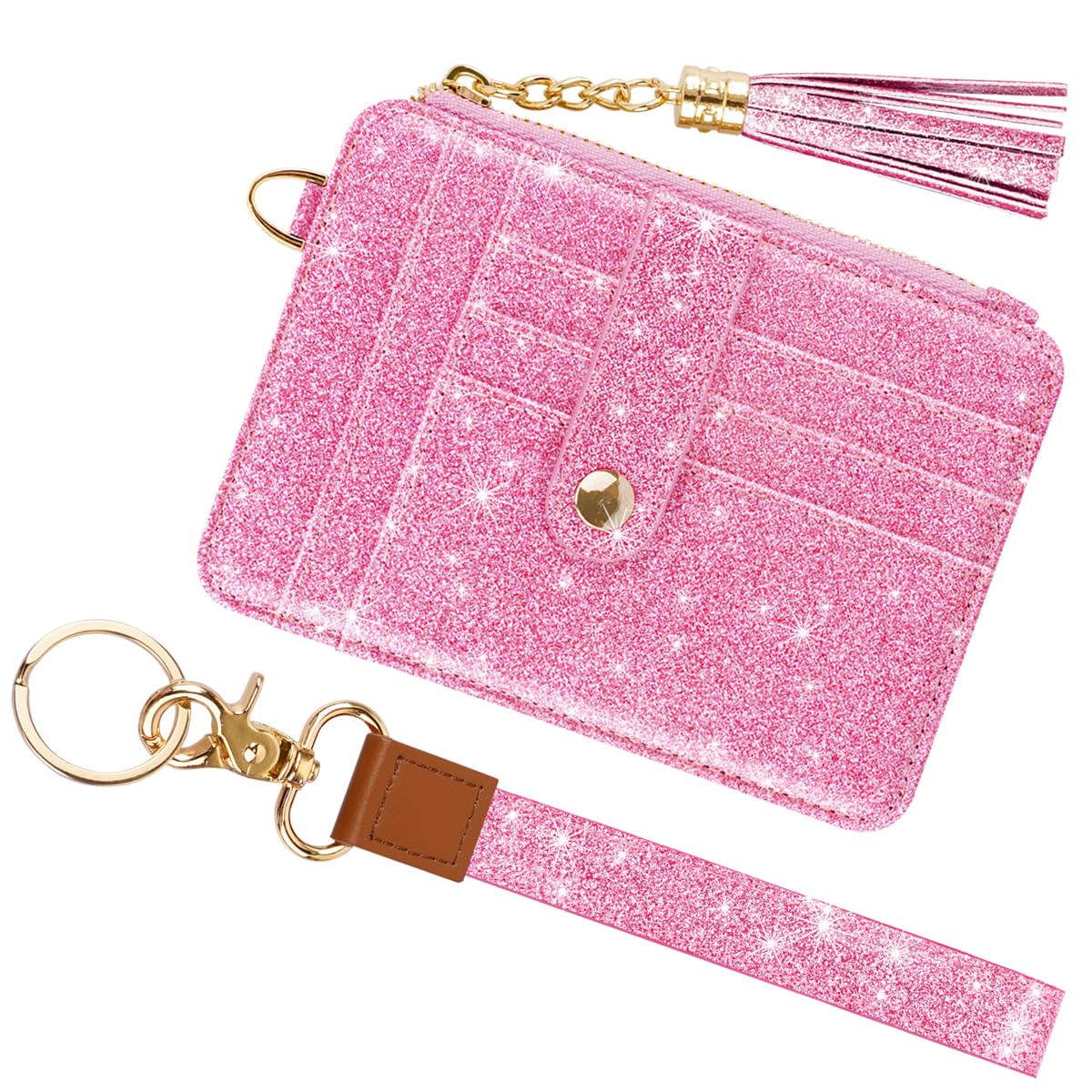 Simikol Slim Zipper Credit Card Holder with Keychain Wristlet Small RFID Leather Wallet with ID Window for Women,Peach Glitter