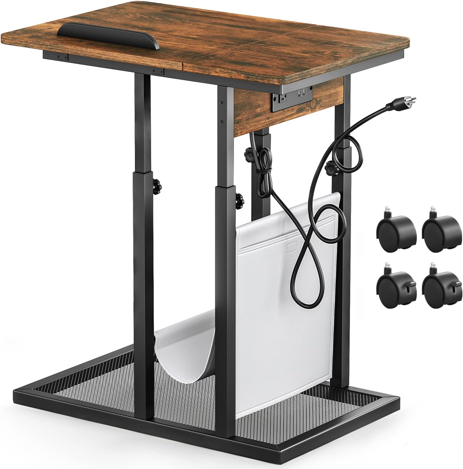 LINSY HOME Side Table with Charging Station, C Table Adjustable Height, C Shaped End Table for Sofa Couch and Bed