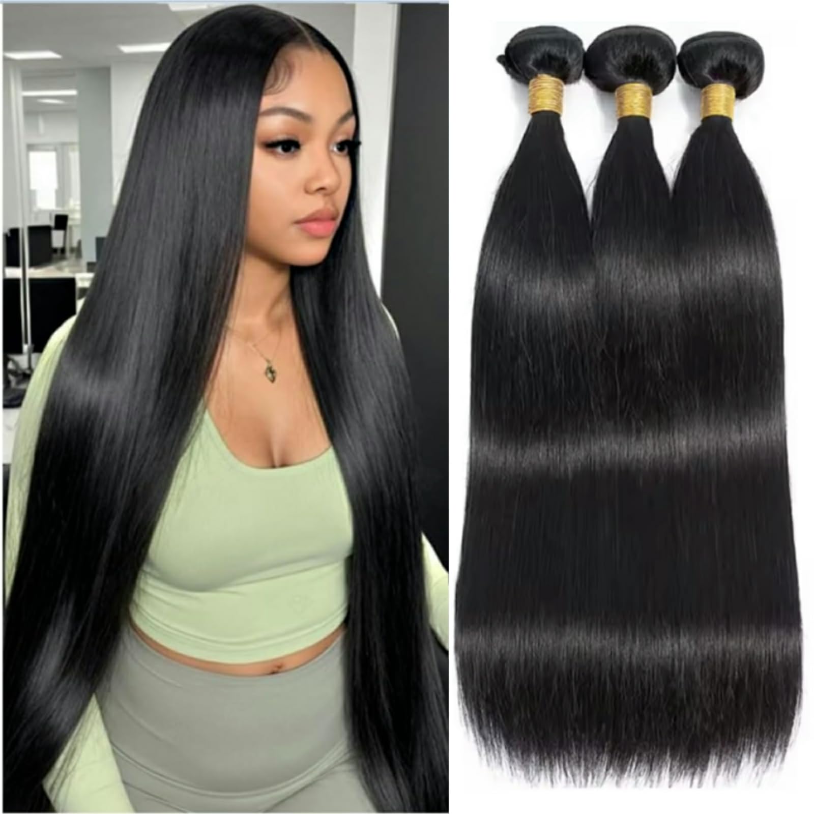 24 Inch Straight Human Hair Extensions 3 Thick Bundles Quick Weave 10A Brazilian Virgin Straight Hair Bundles 20 22 24 Inch  main image 4