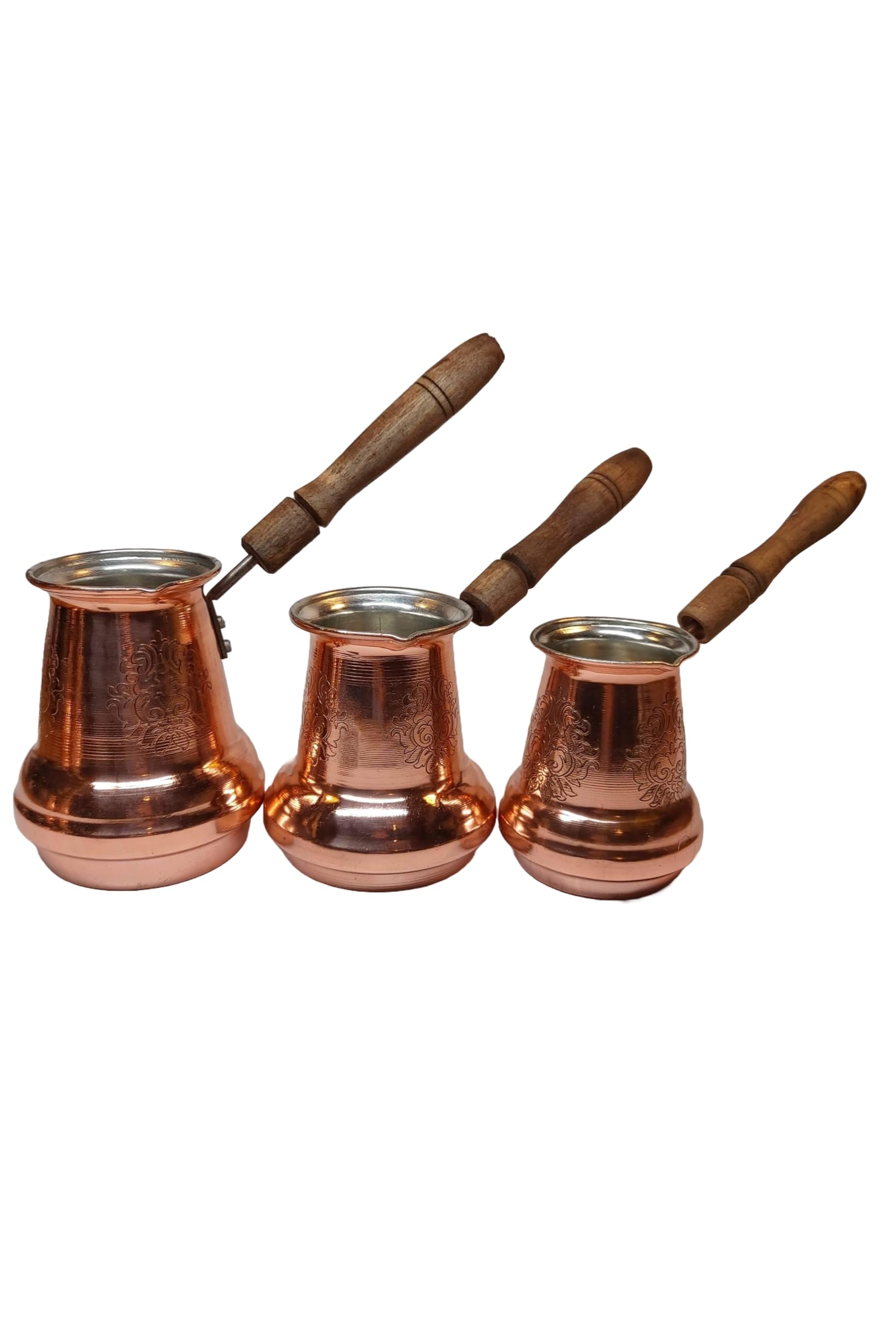 LEO Design Caffettiera turca in 5 misure, piano cottura greco arabo, spesso 3 mm, in rame massiccio martellato e inciso a mano, con manico in legno/ottone (manico in legno, 350 ml)