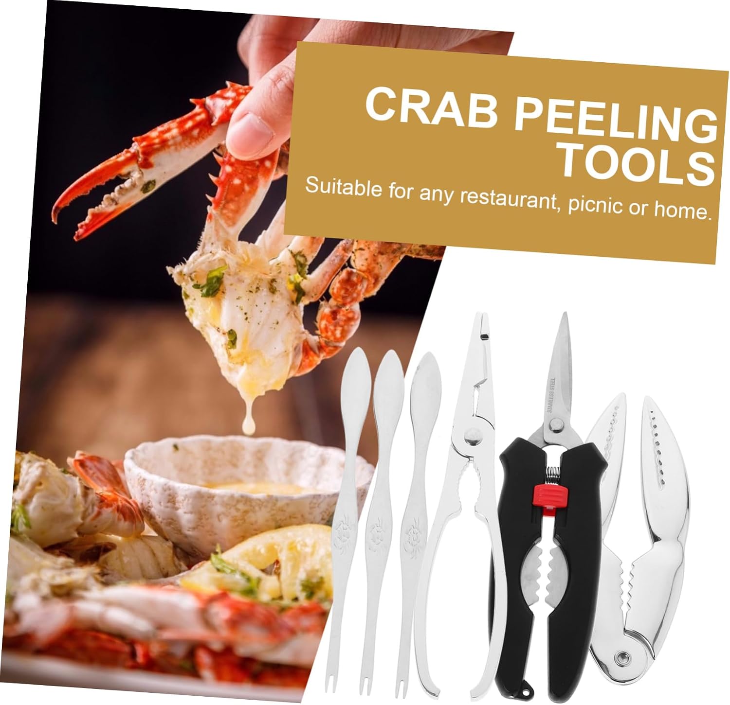 Unomor 6-piece Crab Peeling Tool Kit Crab Fork Clamp Seafood Needle Stainless Steel Easy to Operate Carry