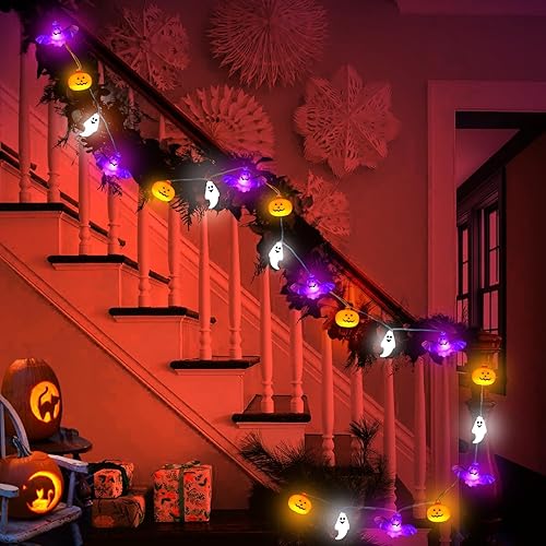 Miniatura 8 de Guirnalda de luces de Halloween, 16.4 pies, 30 LED, calabaza, murciélago, fantasma, funciona con pilas, luces estroboscópicas de color naranja y