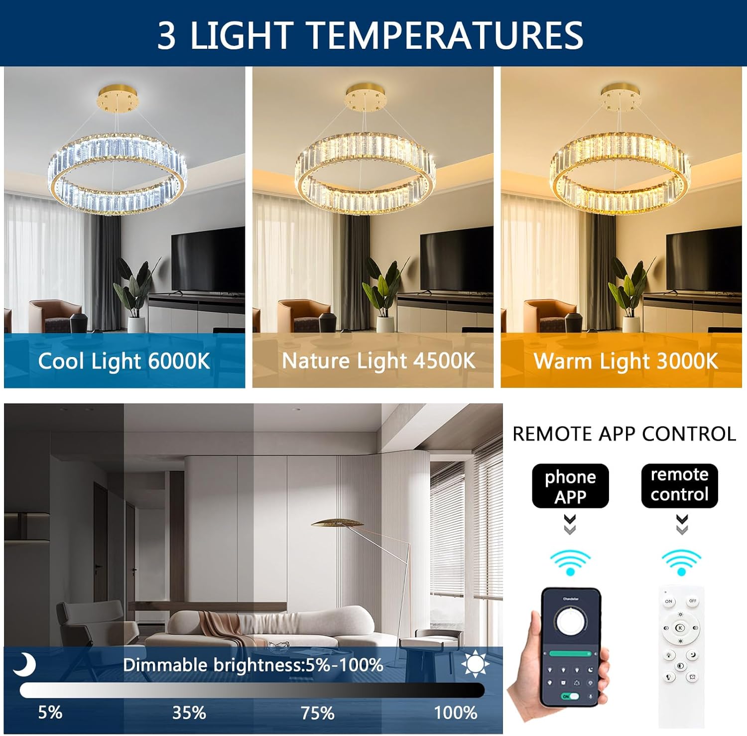16'' Modern Ring Chandelier Crystal Chandeliers for Dining Room Round LED Dimmable Ceiling Light Fixture for Living Room Bedroom Lighting Gold