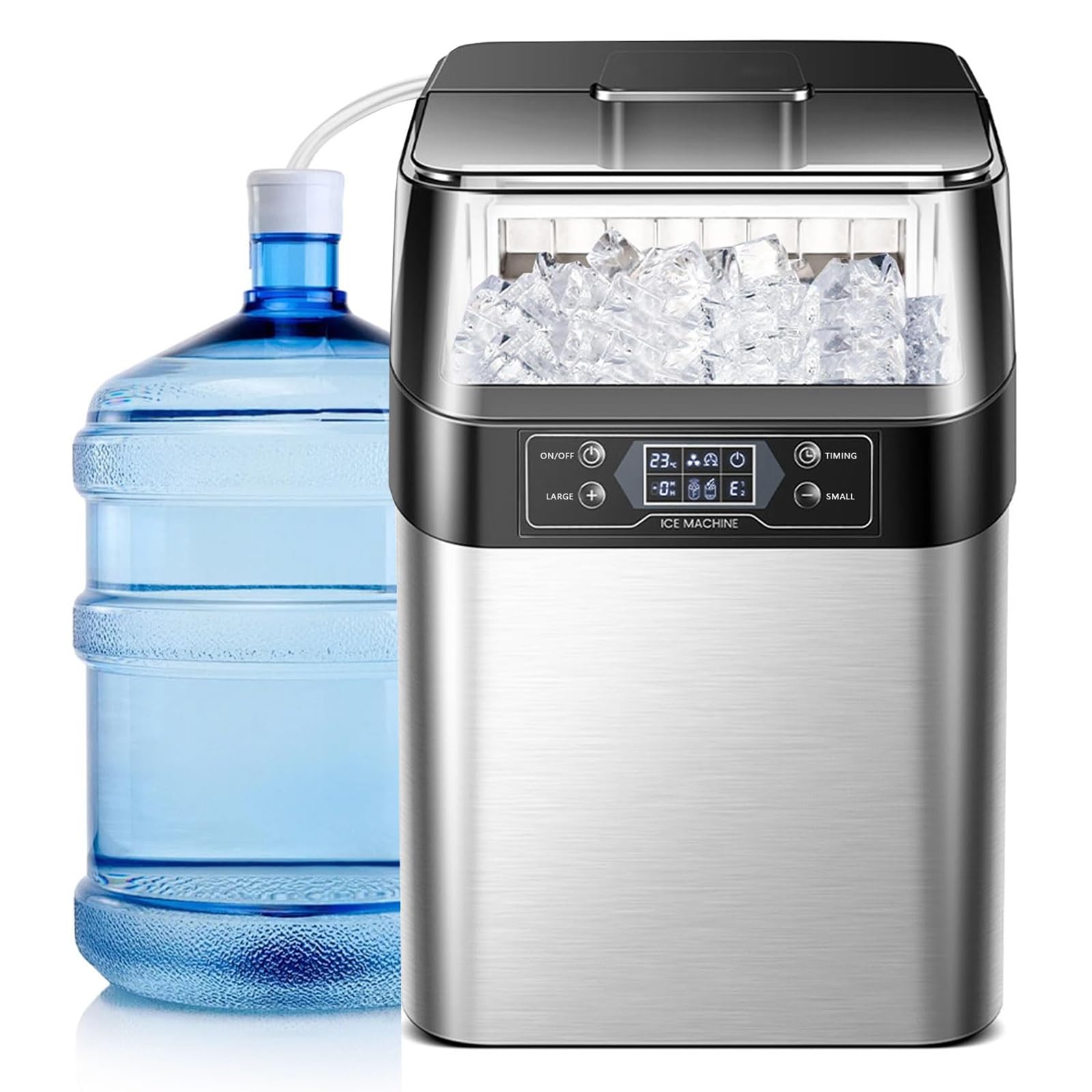 zenggp Stainless Steel Ice Maker, Portable Countertop Ice Machine For Home Kitchen Party, Self-Cleaning|Auto Add Water|66LBS/24h|24 PCS/10min, Fast Chewable Nugget Pellet Ice, With Scoop