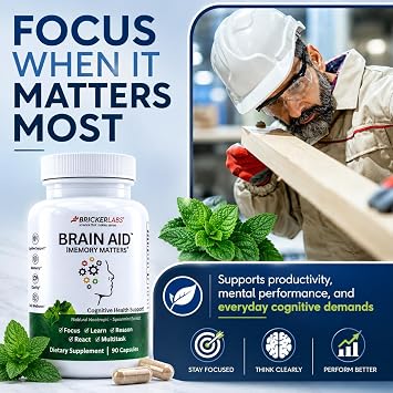 Bricker Labs Brain Aid Memory Matters Nootropic Brain Supplement with Neumentix Spearmint Extract, Supports Memory, Focus, Mental Clarity & Cognitive Performance, Non-Stimulant Brain Health Support