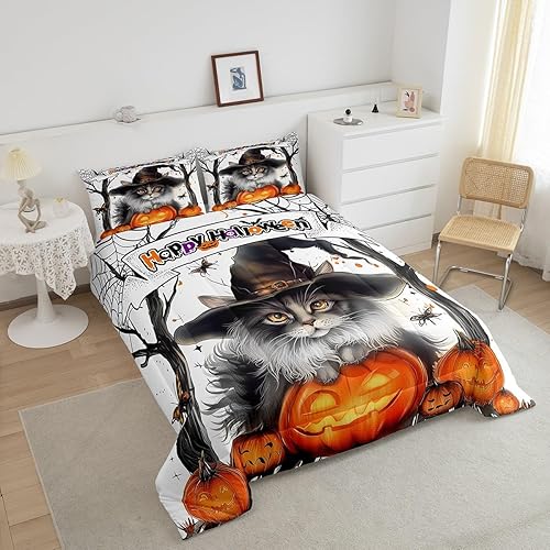 Miniatura 3 de Juego de ropa de cama de Halloween tamaño Queen, lindo juego de edredón con temática de truco o trato, juego de edredón de calabaza de Halloween,