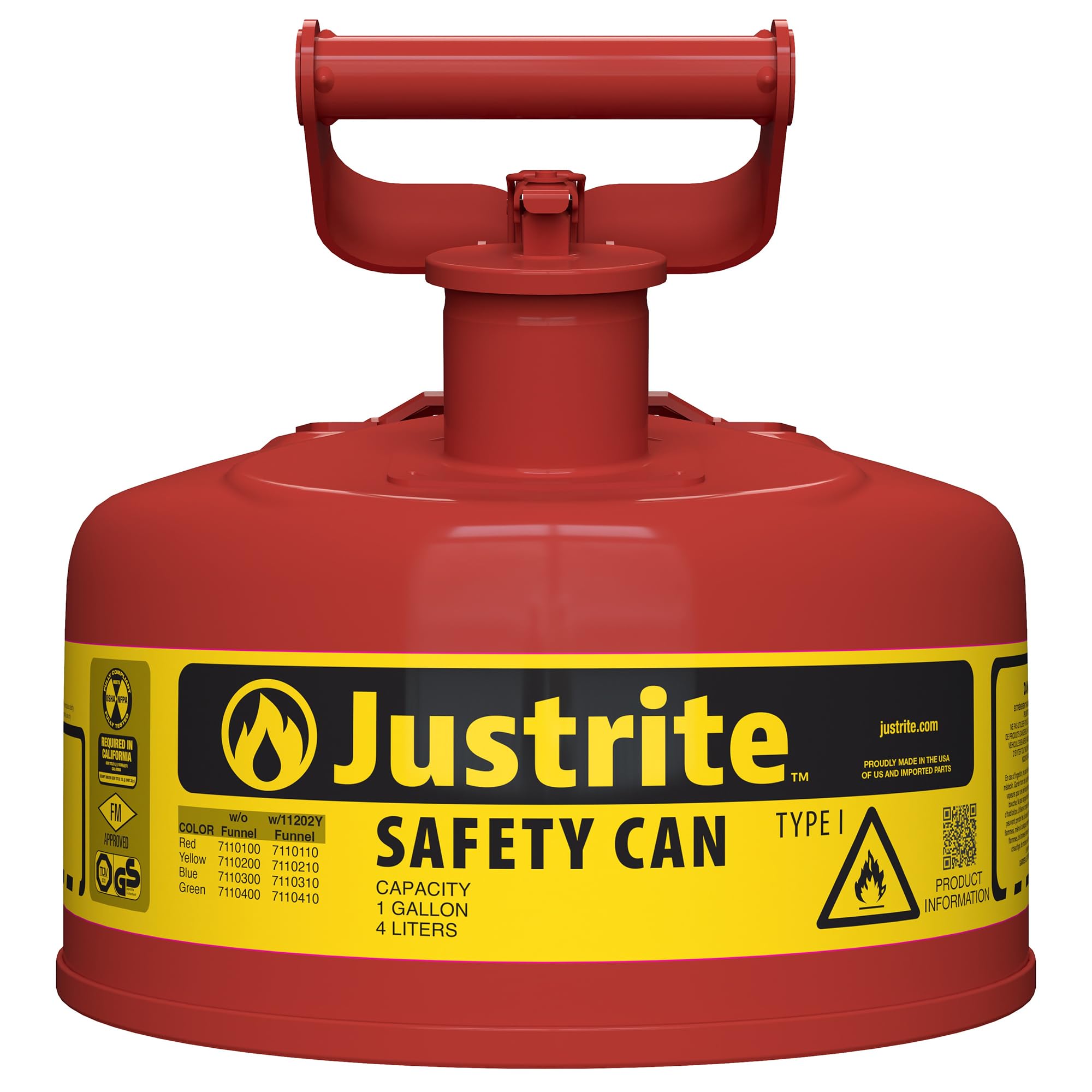 Justrite Type I Gasoline Safety Can, Red Galvanized Steel, Made in the USA