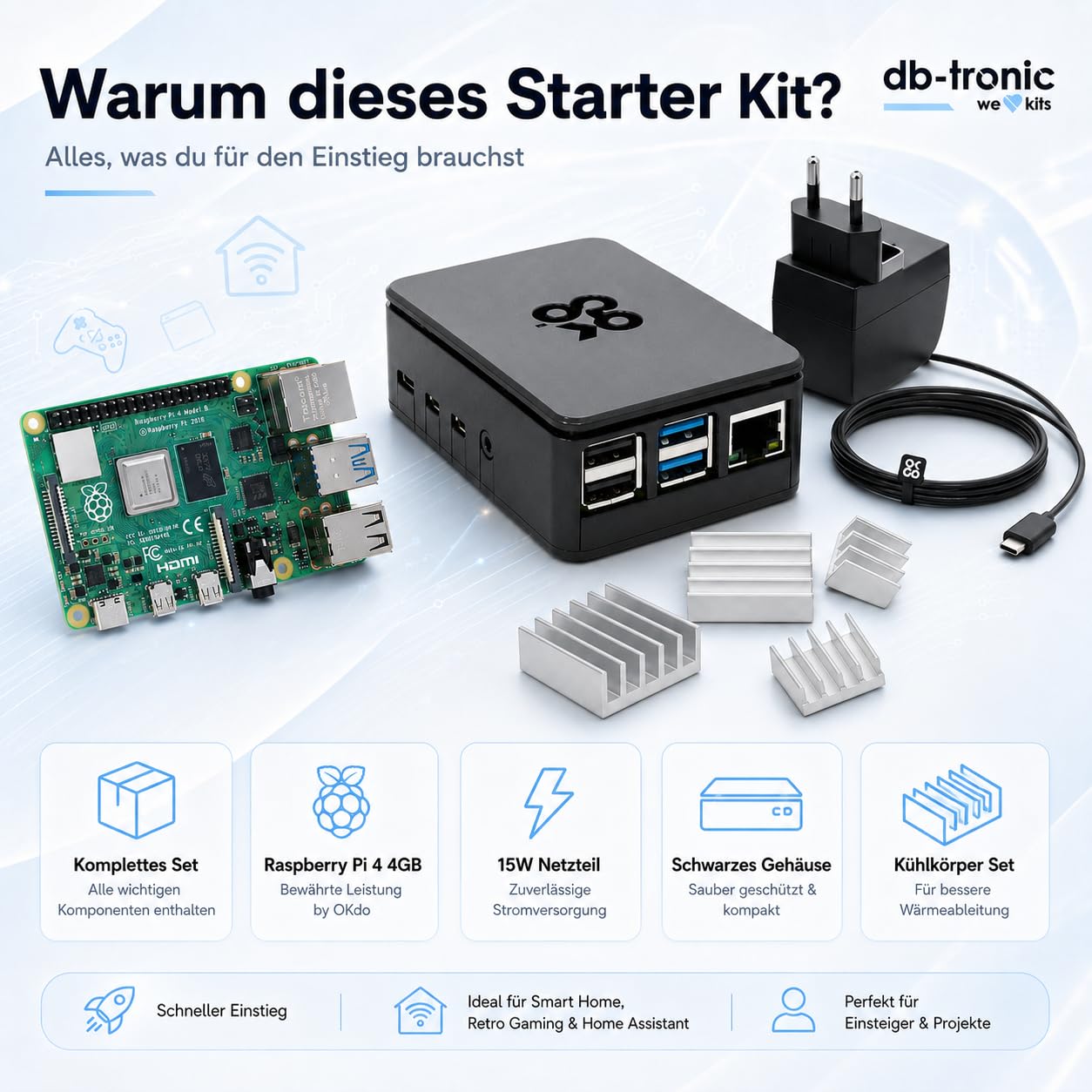 db-tronic OKdo Raspberry Pi 4 Model B Kit de démarrage 4 Go - Bloc d'alimentation 15 W - Boîtier noir - Dissipateur thermique - Idéal pour la maison intelligente, le jeu rétro et l'assistant à